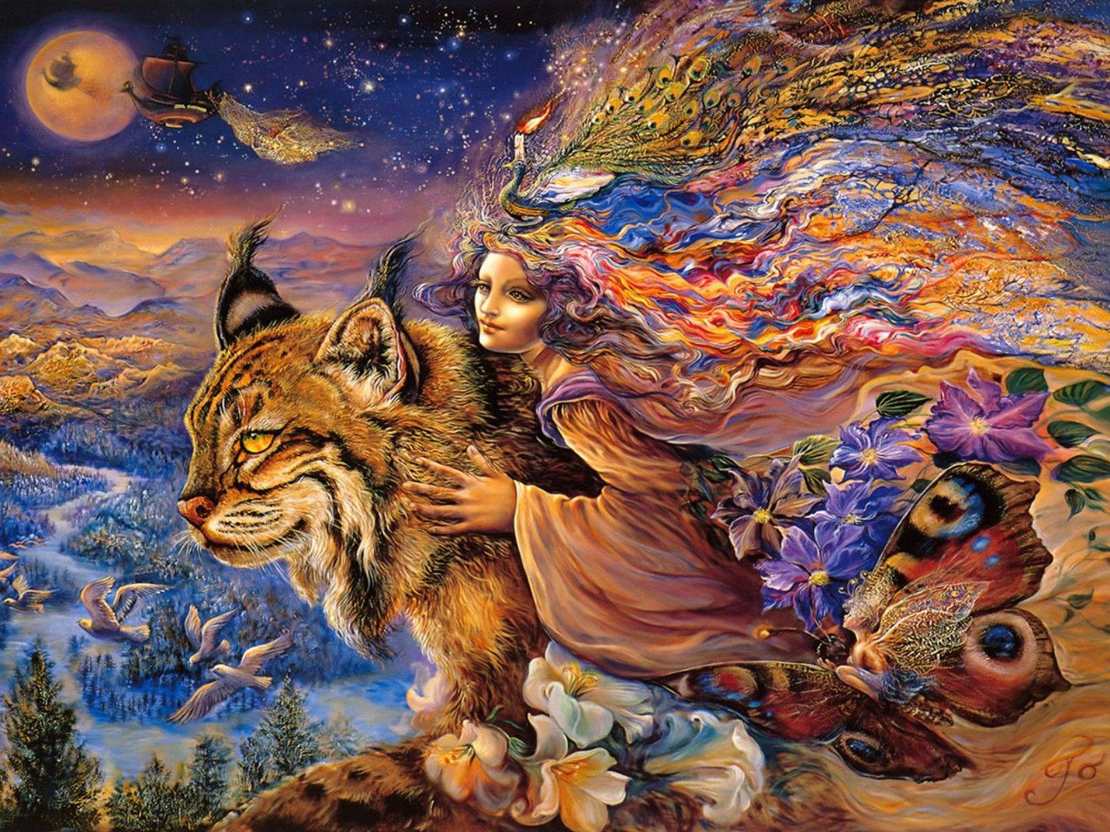 Allure Of Nature: Woman Adorned With Lynx Art Painting Background