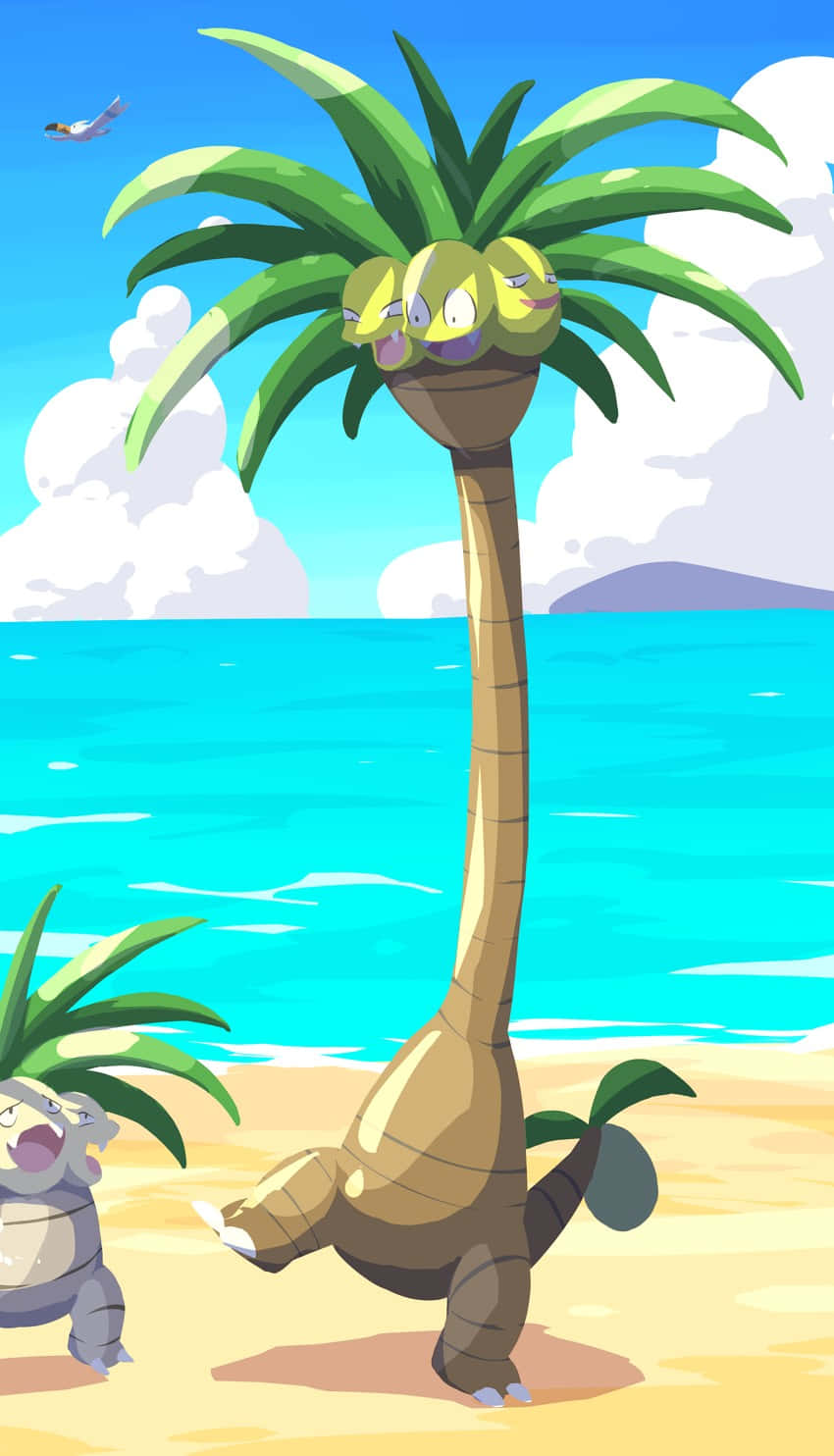 Alolan And Regular Exeggutor By The Beach Background
