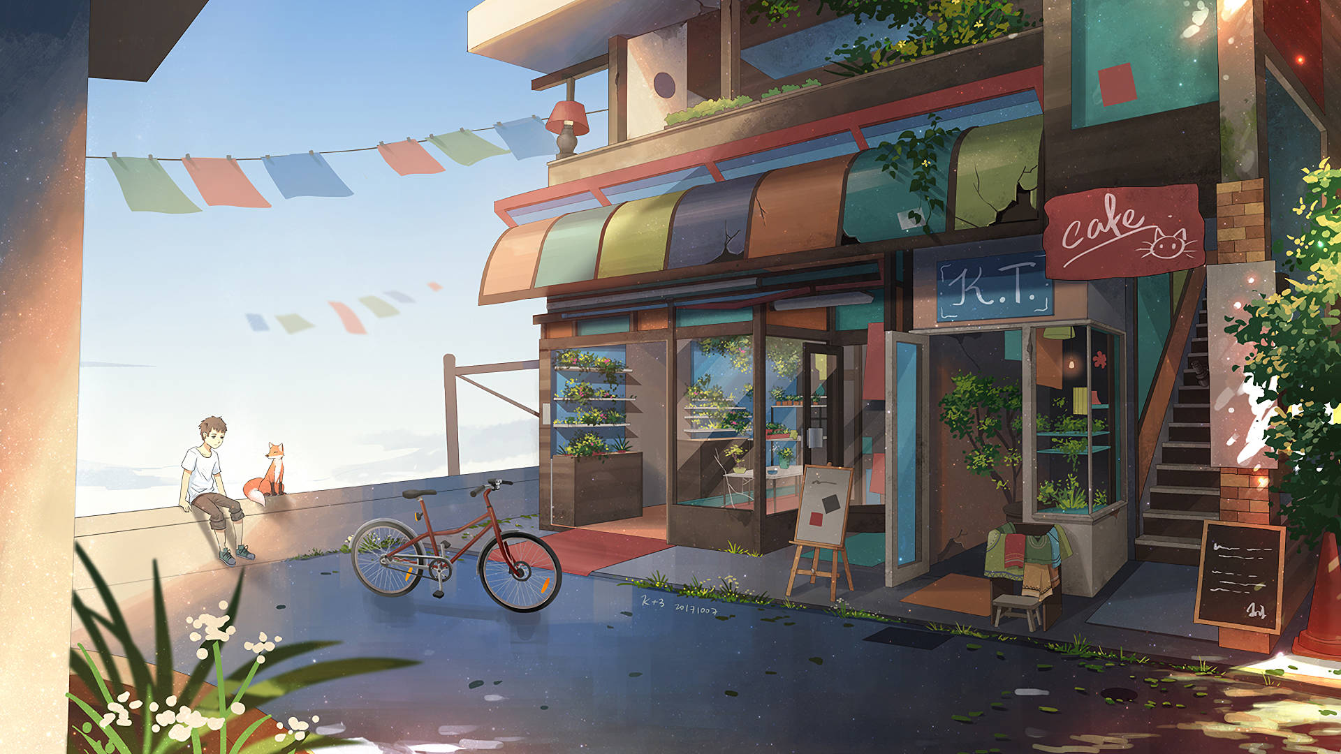 Alone Boy By The Cafe Cartoon Art Background
