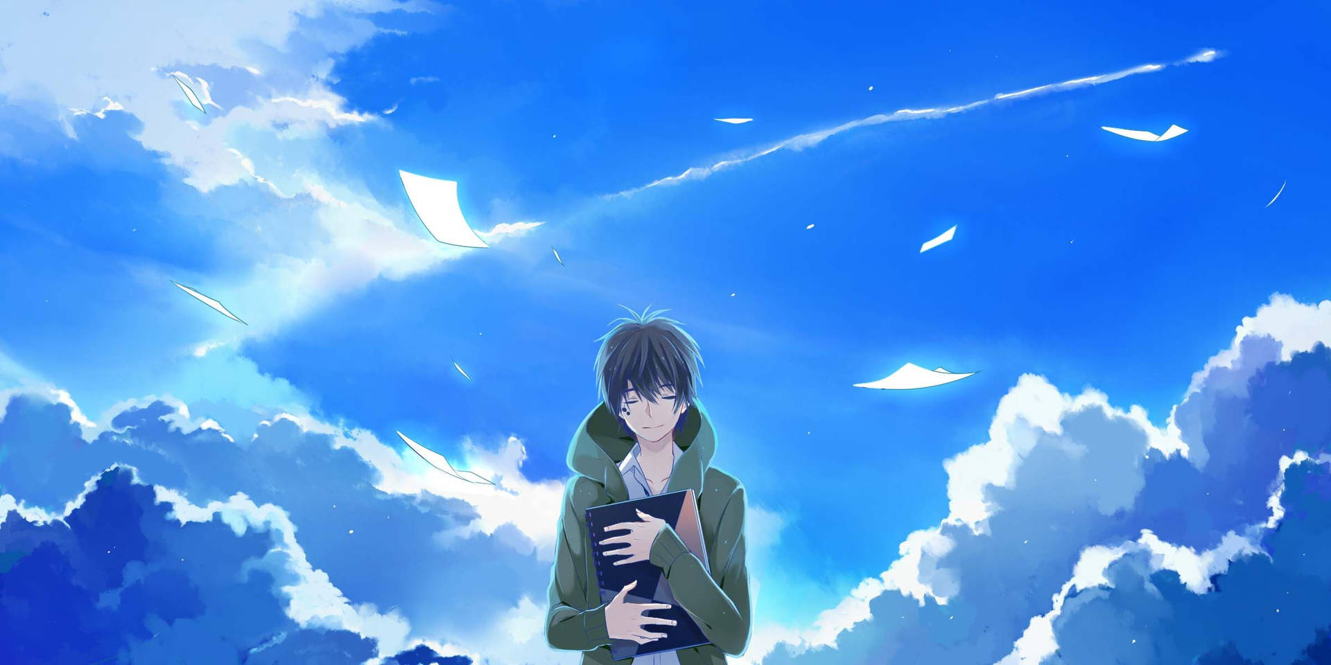 Alone Sad Anime Boys Under Blue Sky Background