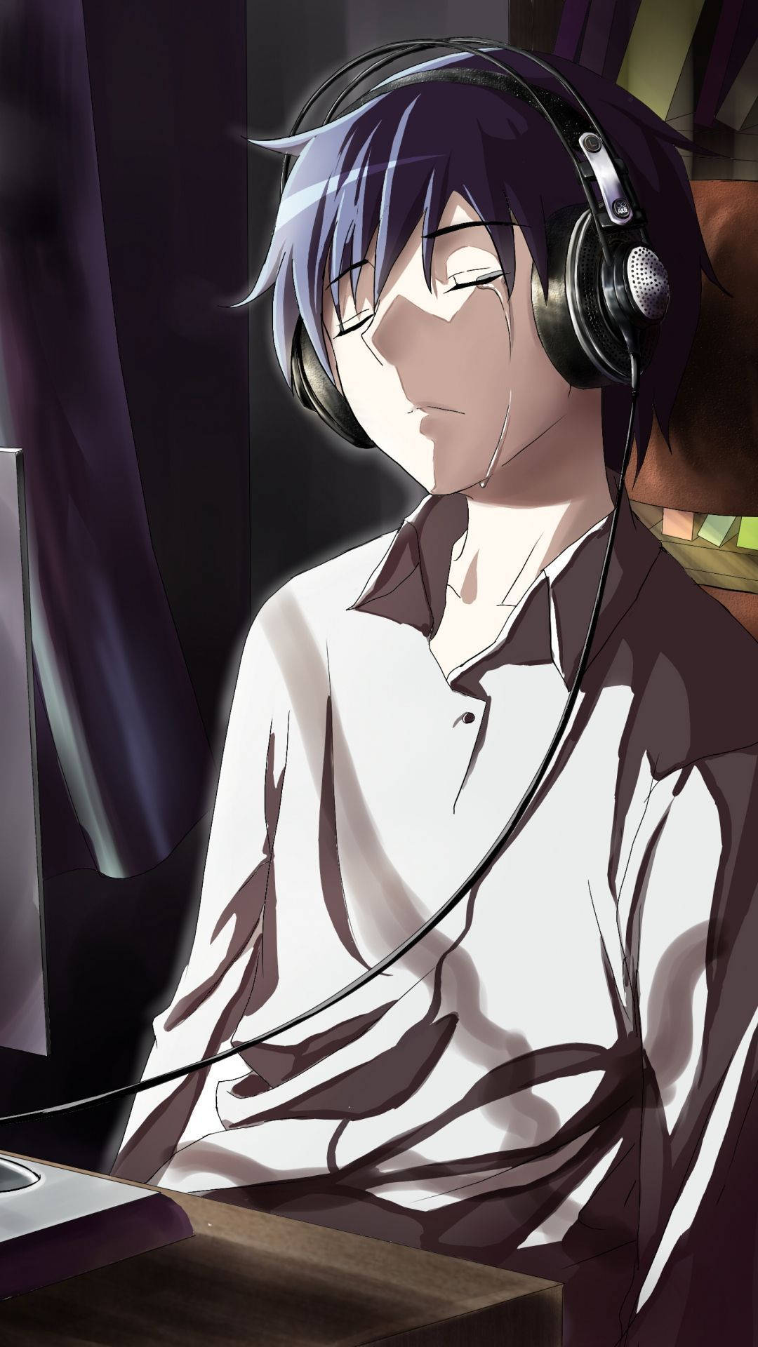 Alone Sad Anime Boys With Headphone Background