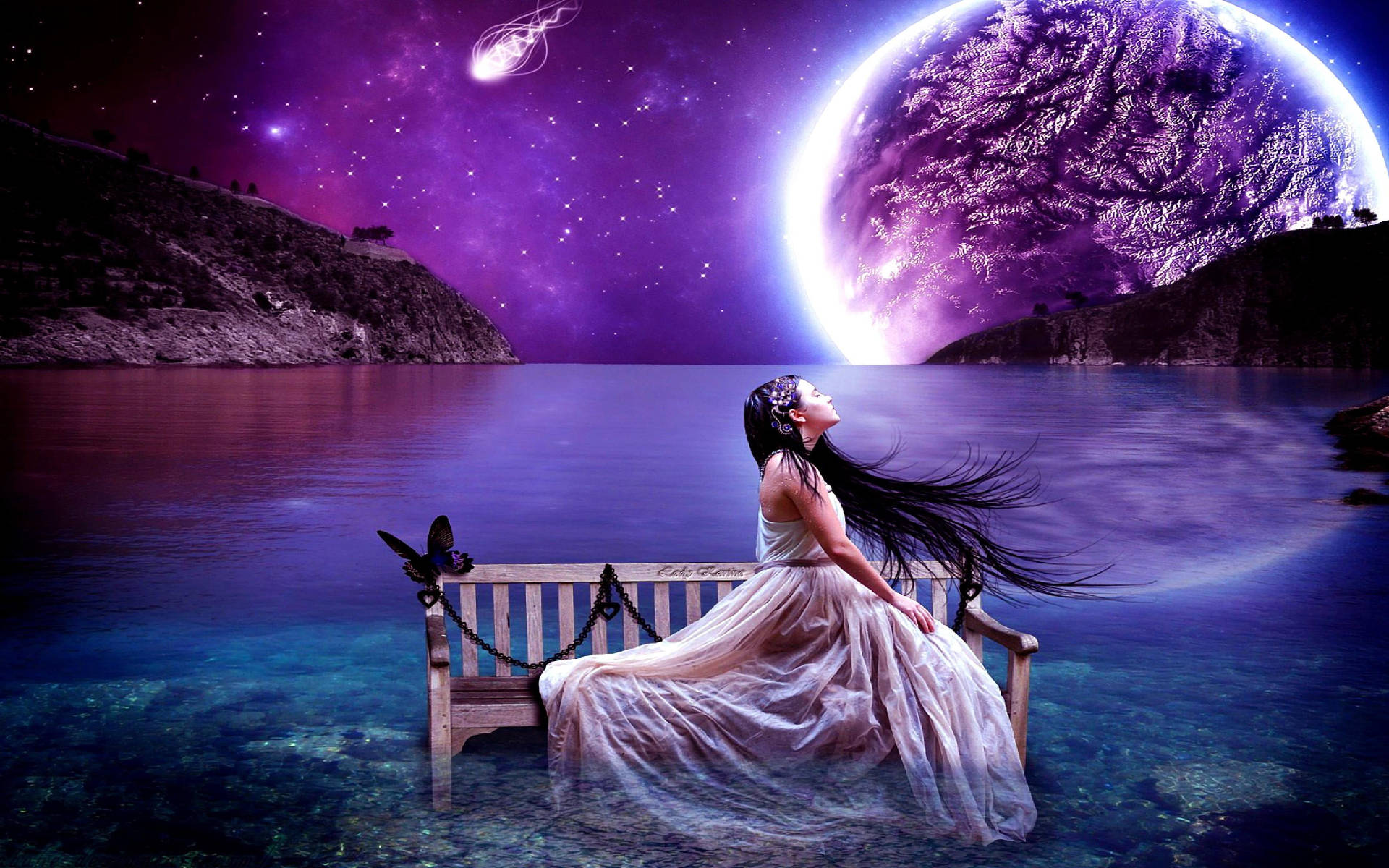 Alone Woman And Galaxy Moon Background