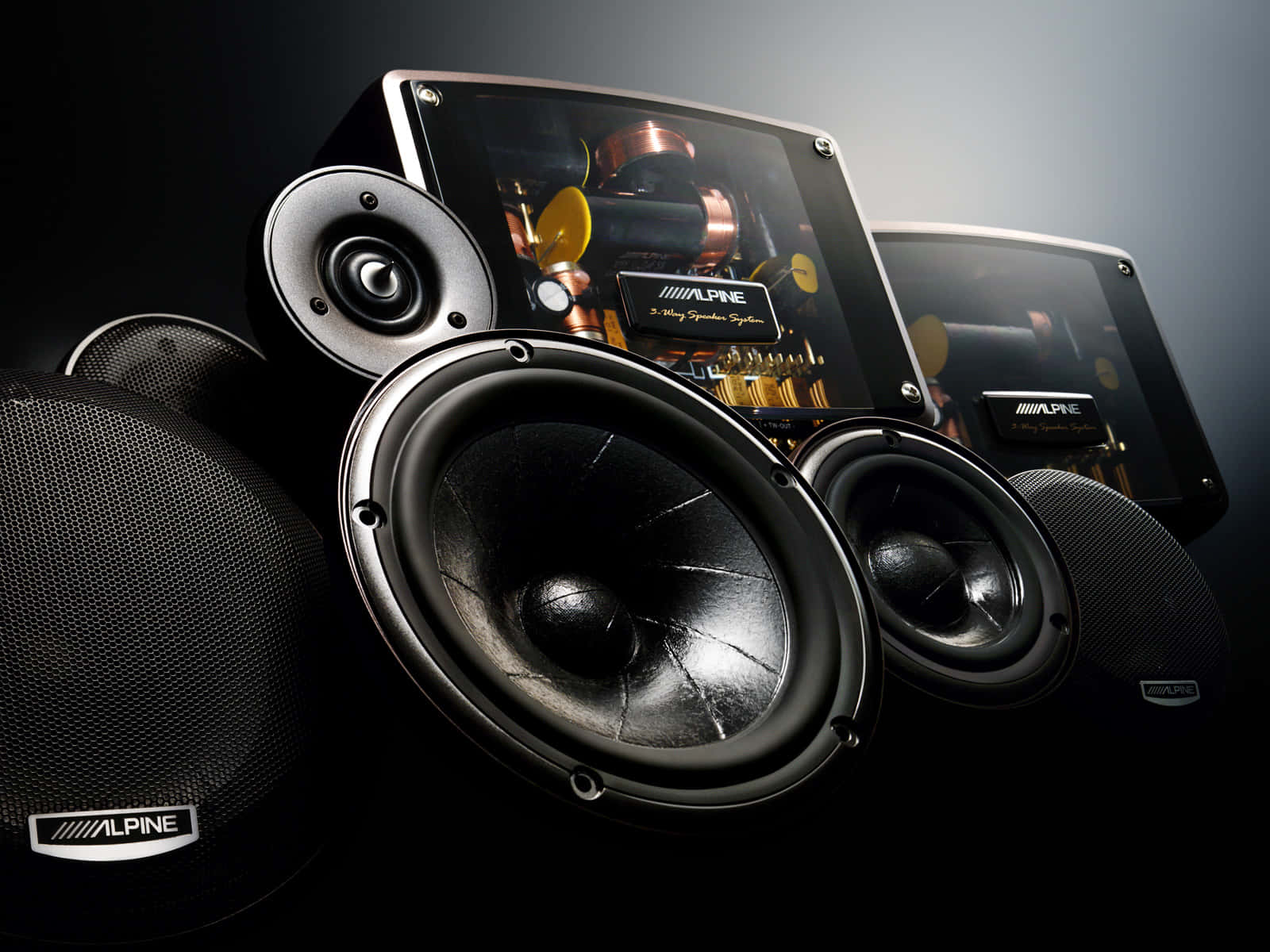 Alpine F1 Three Way Component Black Electric Speakers Background