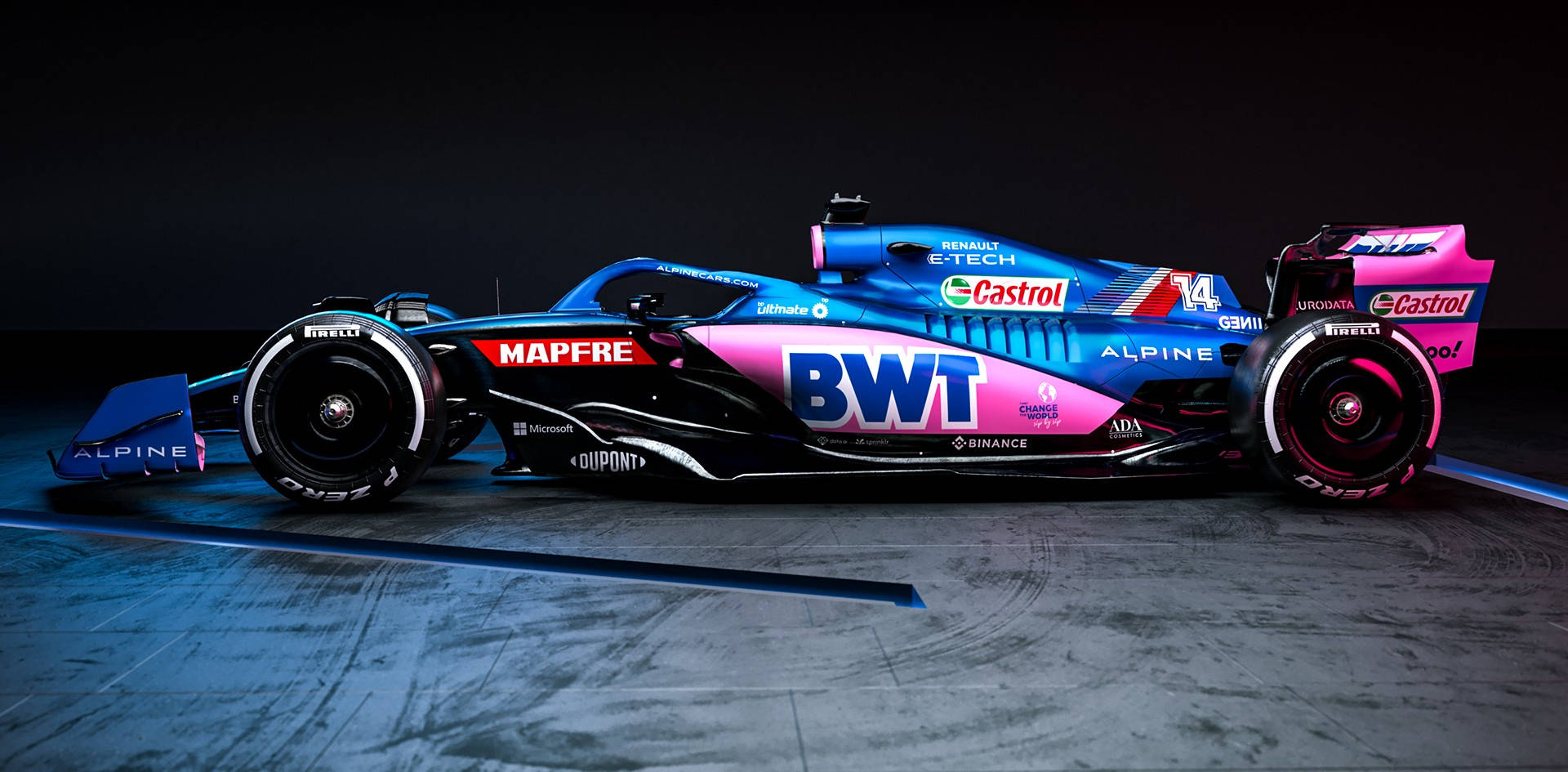 Alpine Race Car In Dark Room Background