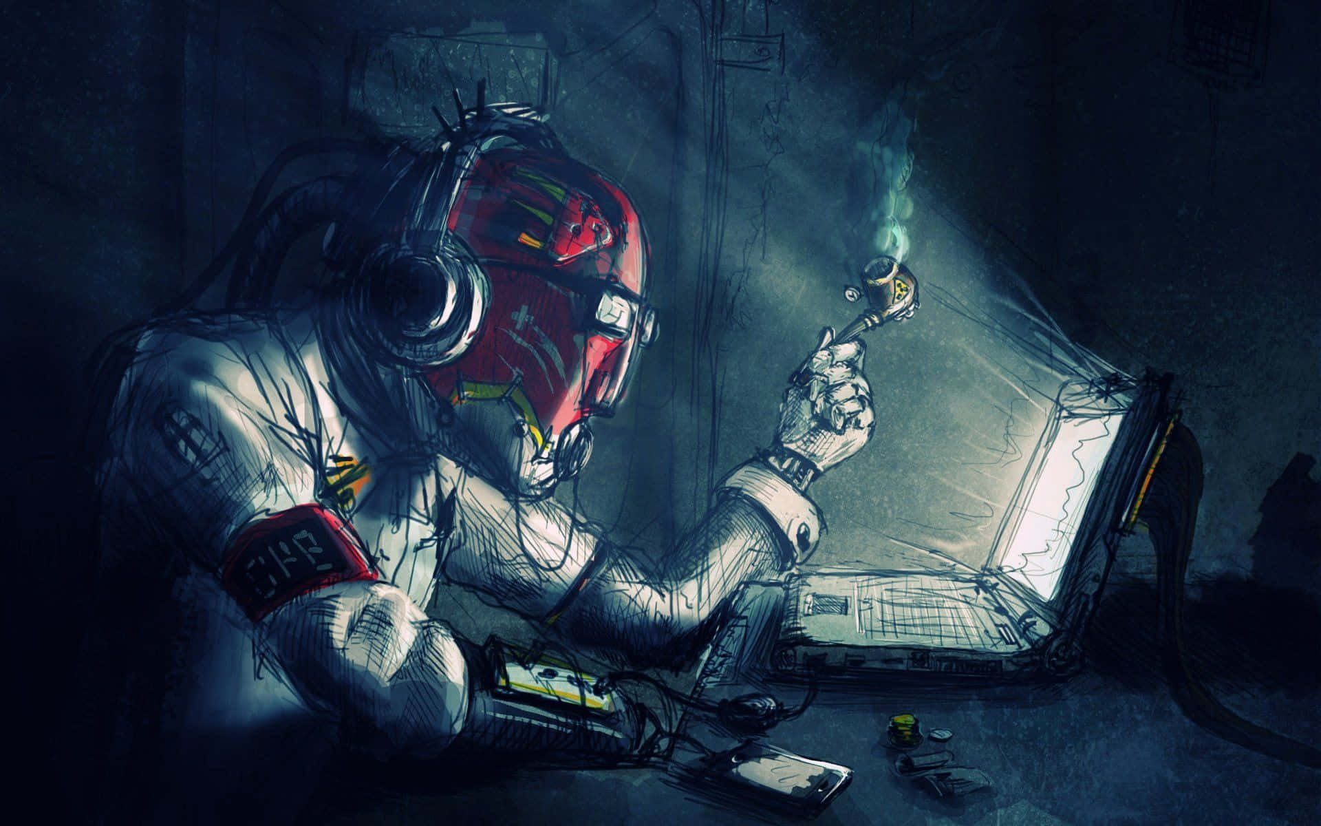 Alternative Art Man Sitting In Computer Background