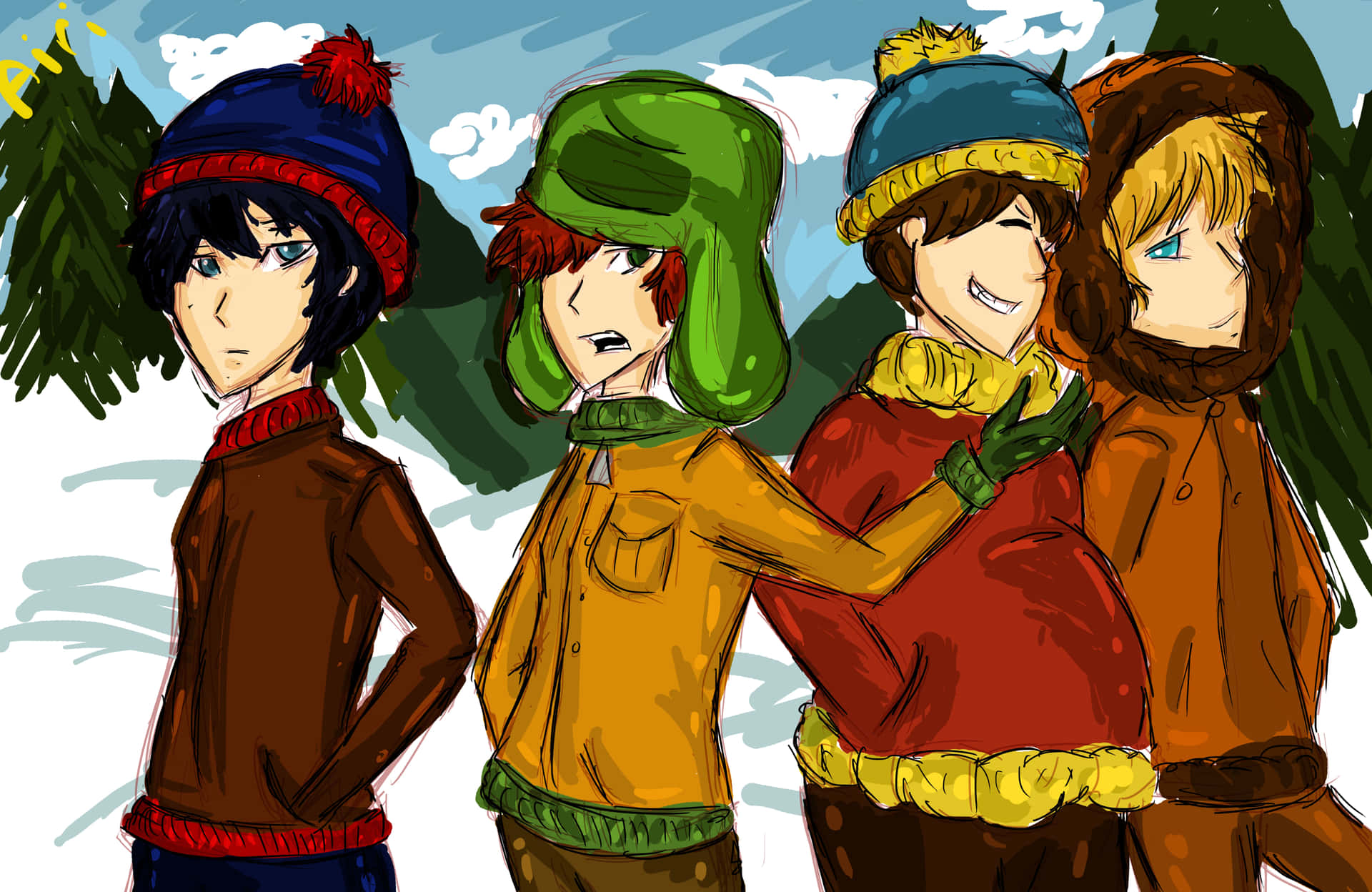 Alternative Art Winter Clothes Cartoon Boys Background