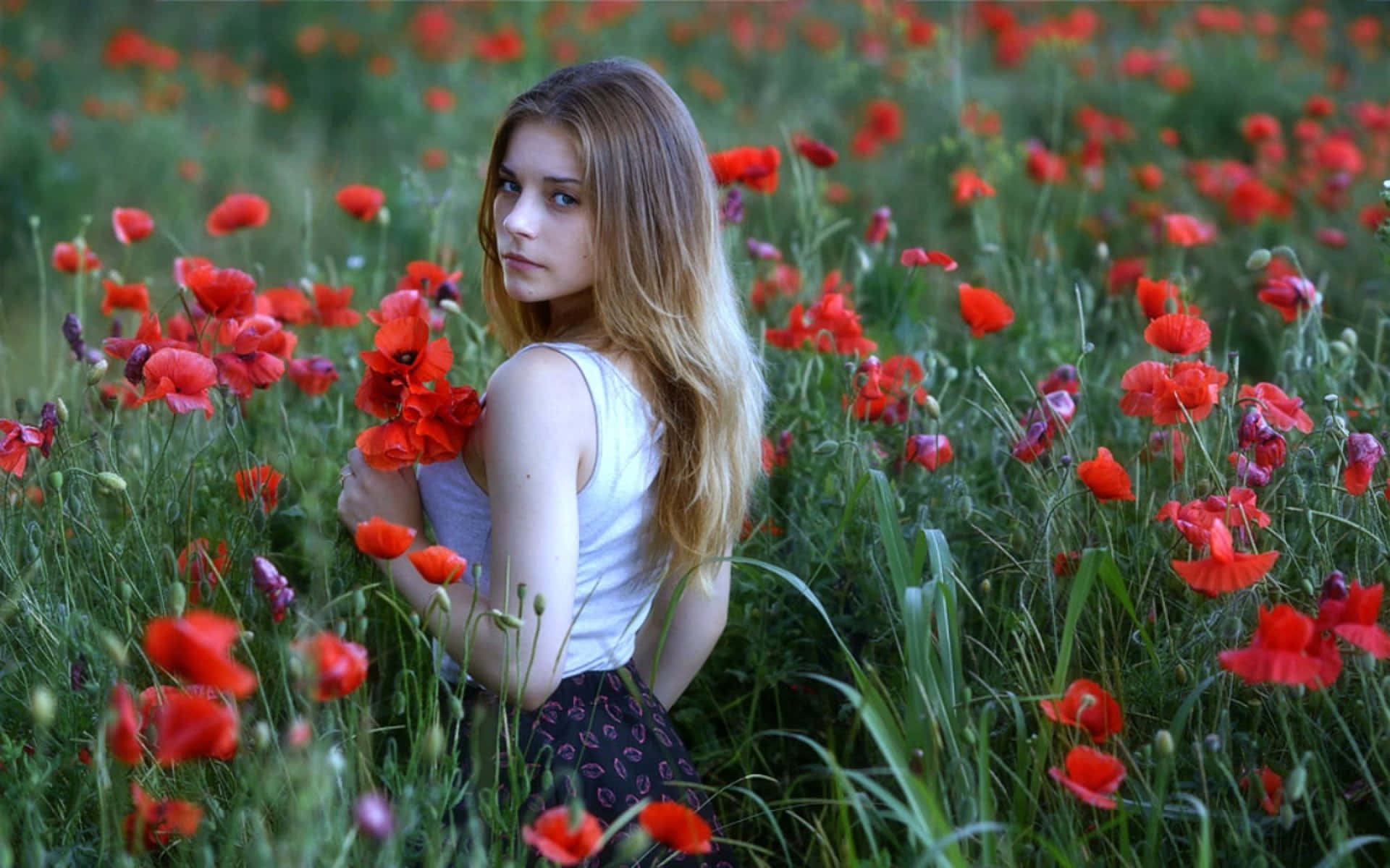 Amateur Model Gathering Red Flowers Background