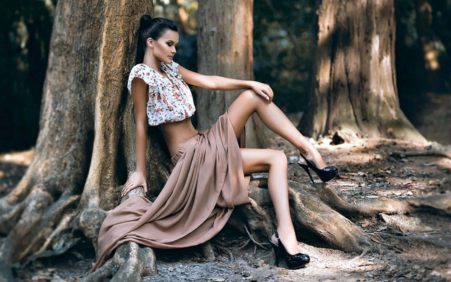 Amateur Model Leaning Against Tree Background