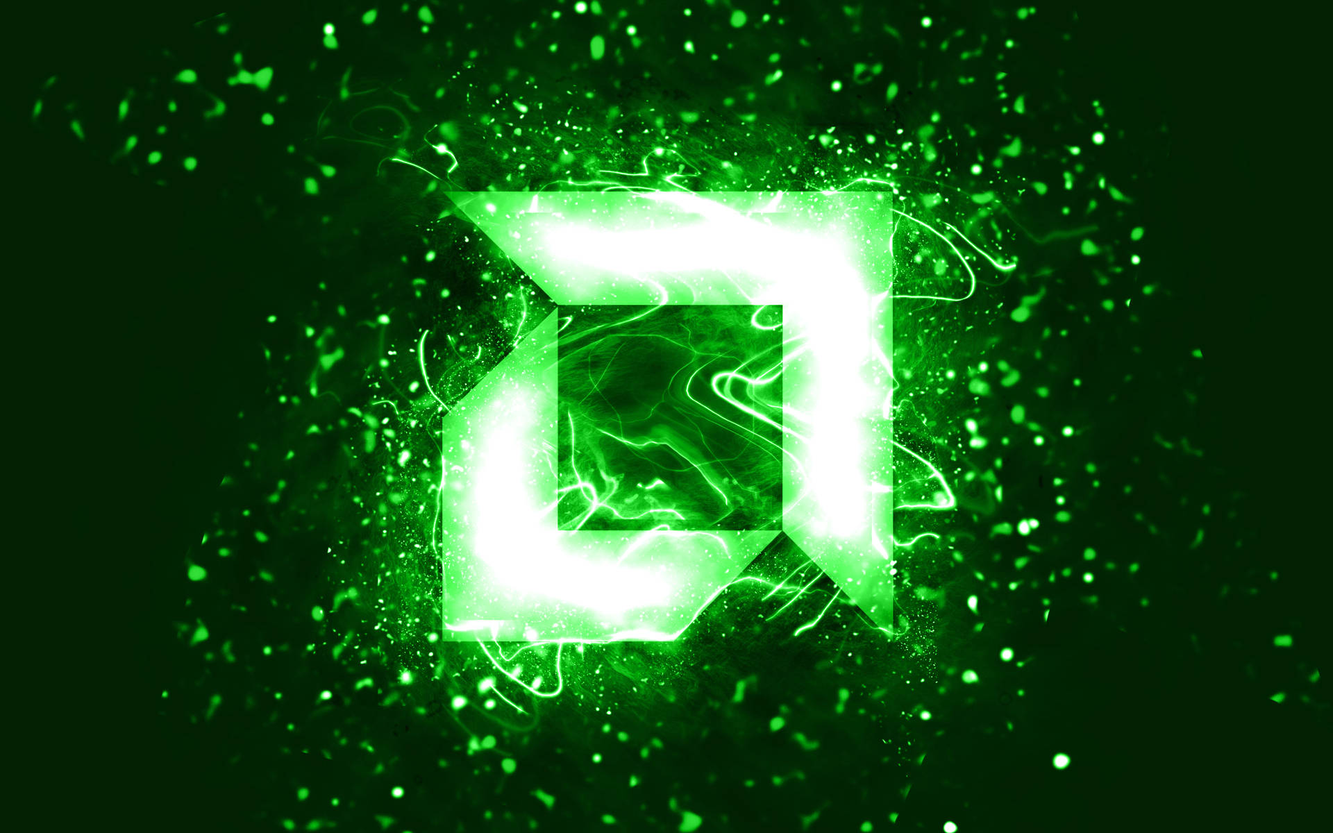 Amd's Vibrant Green Neon Logo Illuminating The Darkness.
