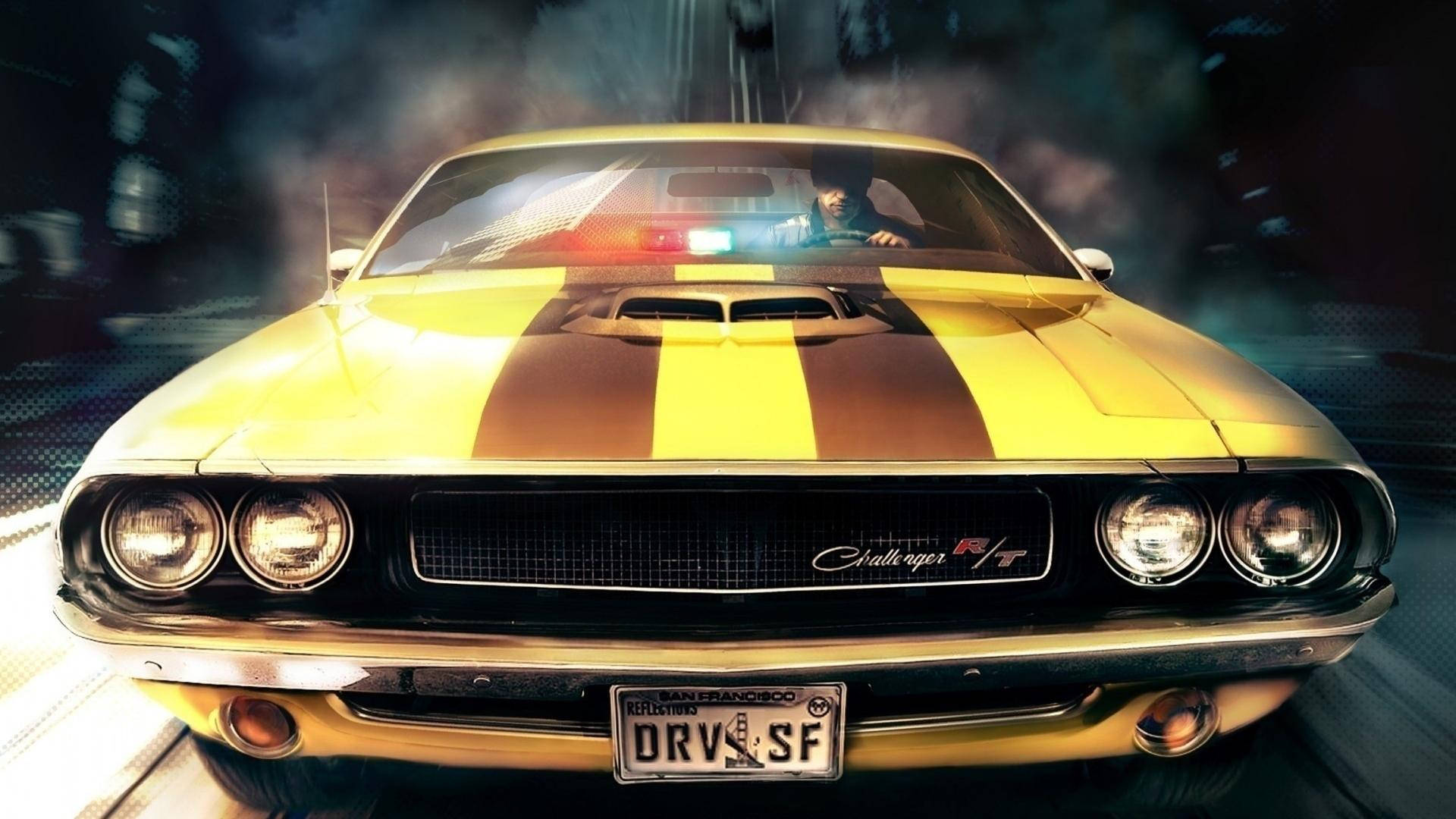 American Muscle Car In Yellow Paint Background