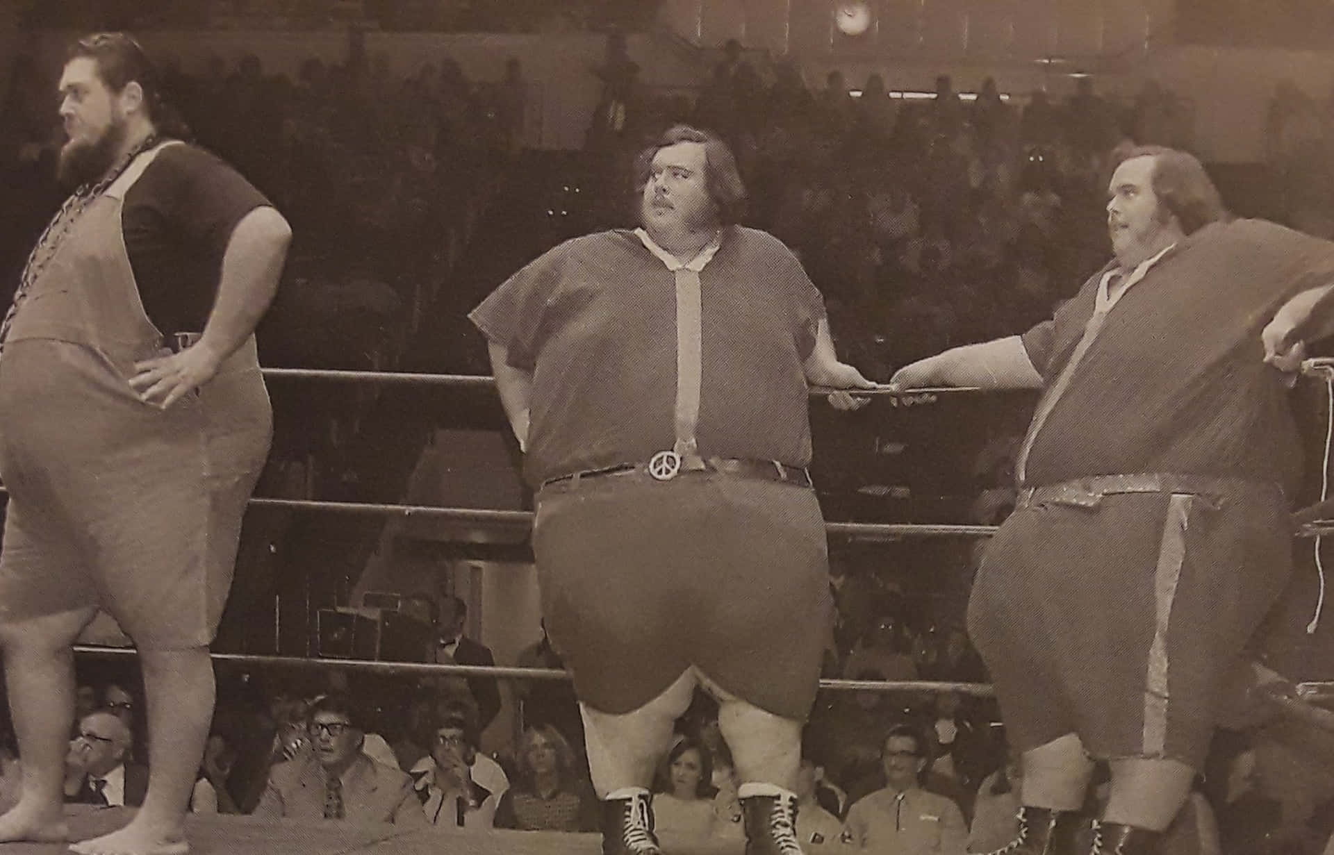 American Professional Wrestler Haystacks Calhoun With The Mcguire Twins Background
