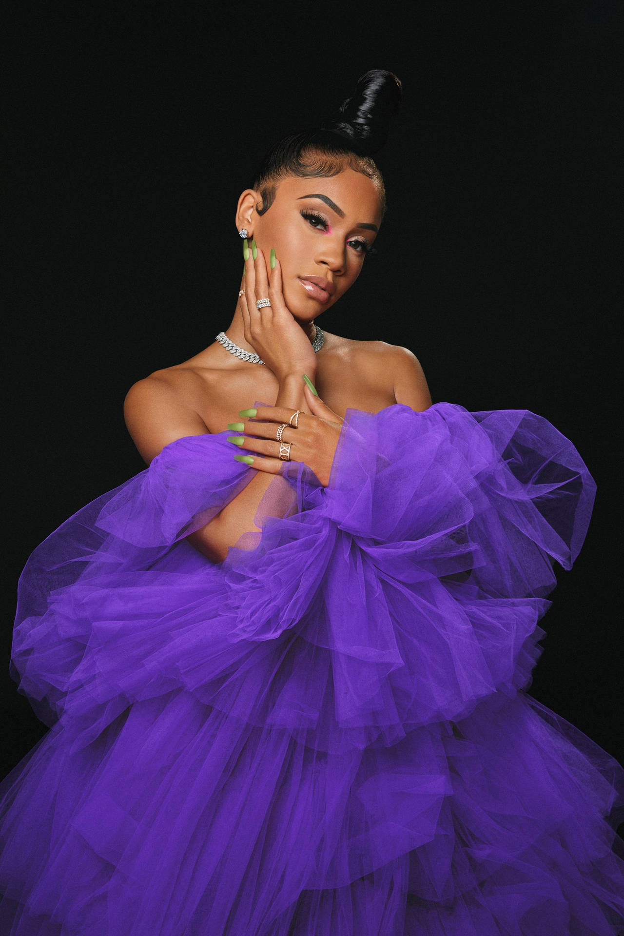 American Rapper Saweetie Purple Dress Background