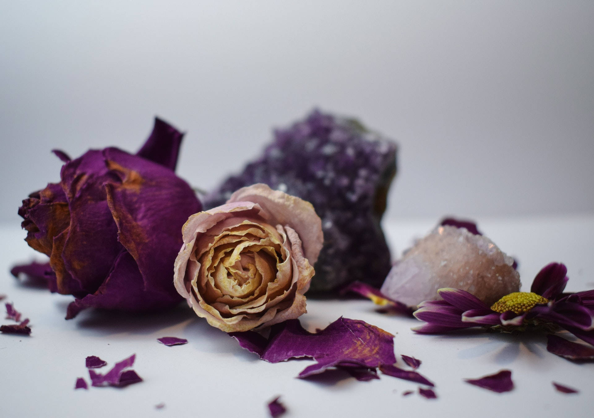 Amethyst Geodes And Roses Background