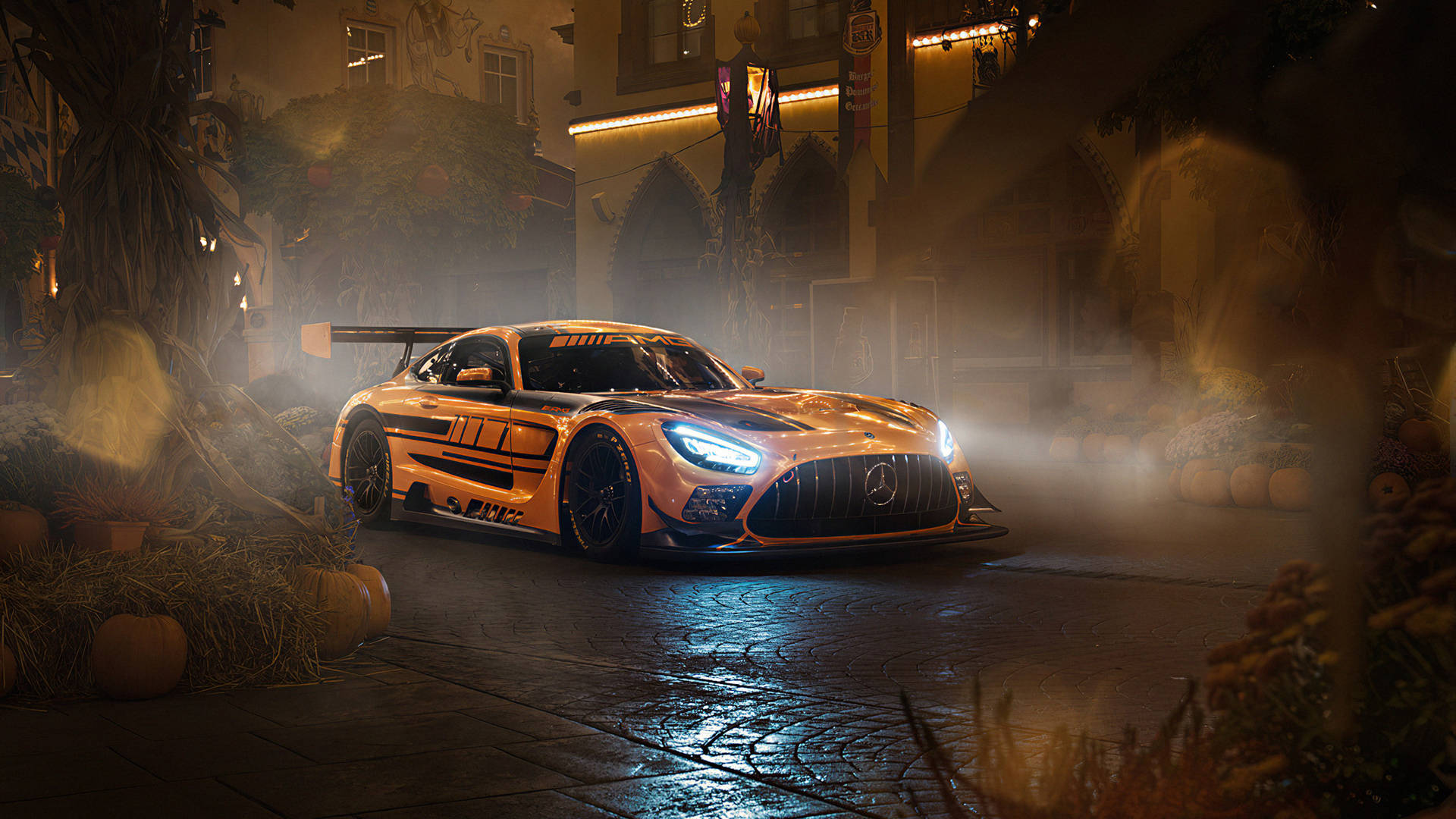 Amg Gtr Driving On Halloween Background