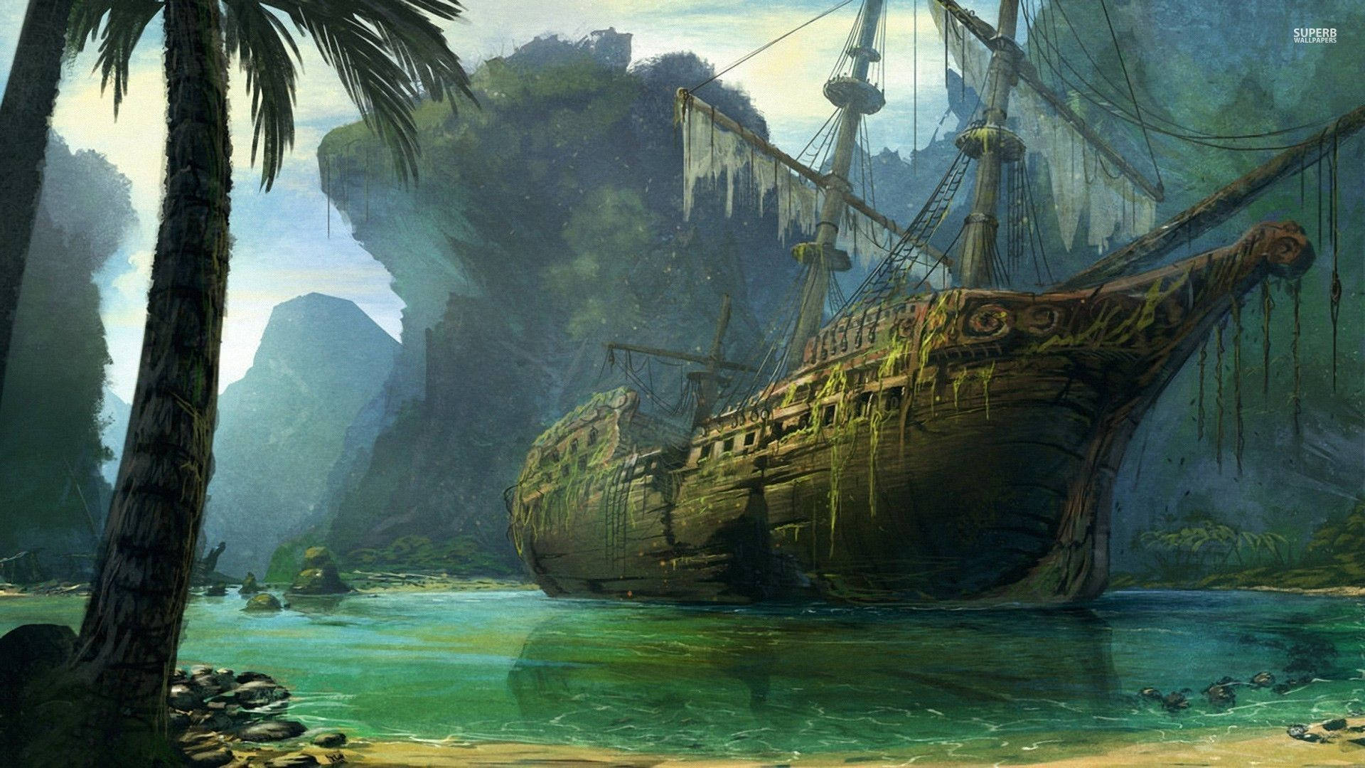 An Abandoned Pirate Ship Through Time Background