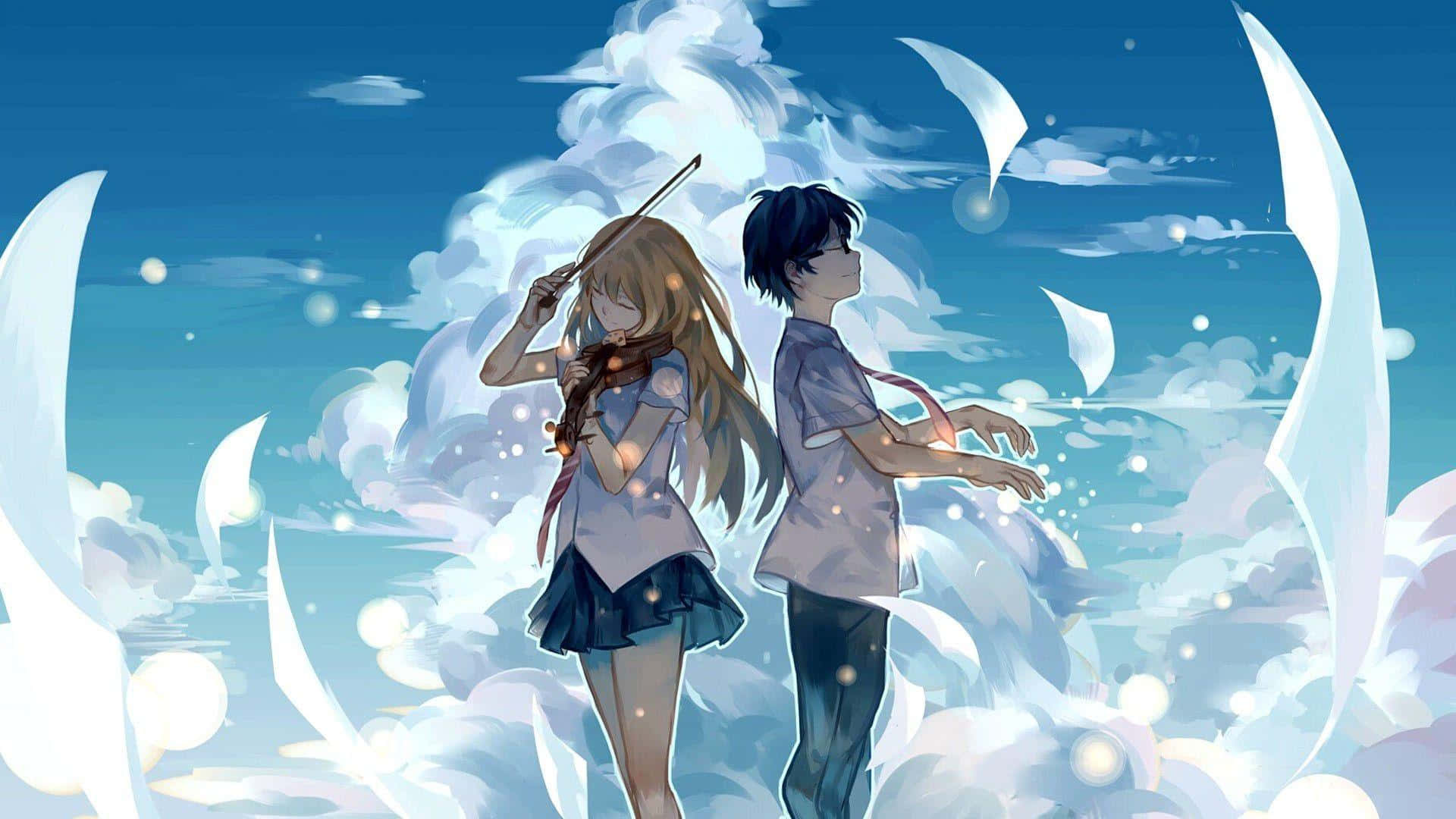 An Adorable Couple In An Anime Inspired Aesthetic Background