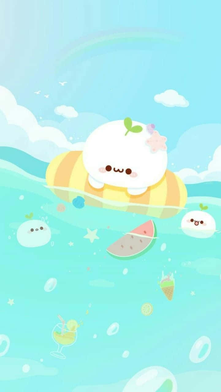 An Adorable Green Kawaii Character Background