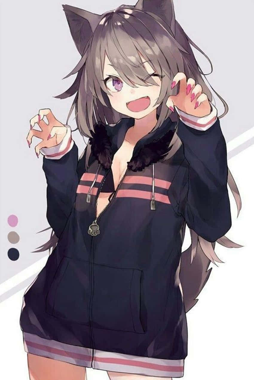 An Adorable Wolf Girl Standing In A Field Of Beautiful Flowers Background