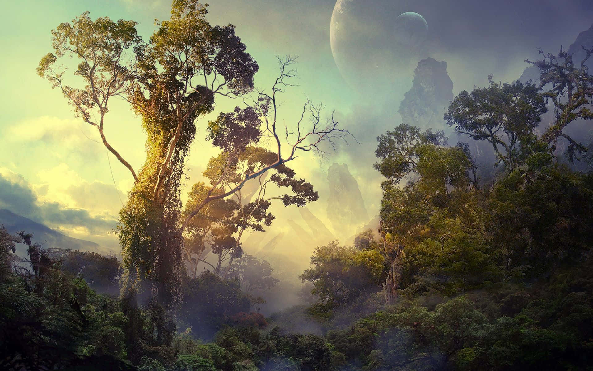 An Aerial View Of Stunning Pandora, The Vibrant Moon In The Avatar Movie Background
