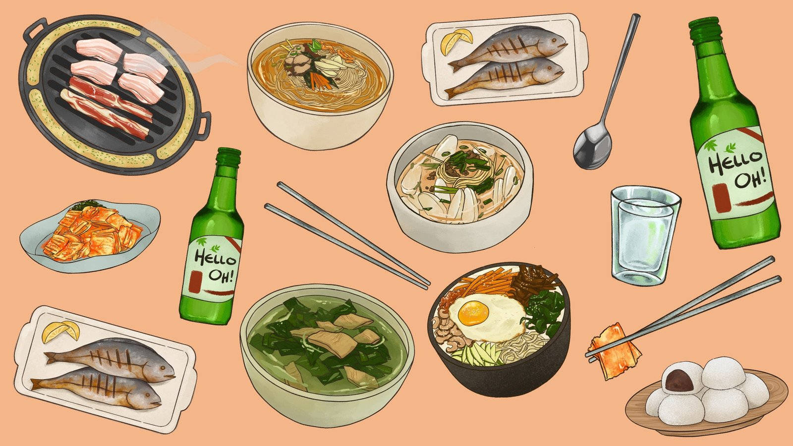 An Aesthetic Display Of Bowls With Chopsticks And Soju Background