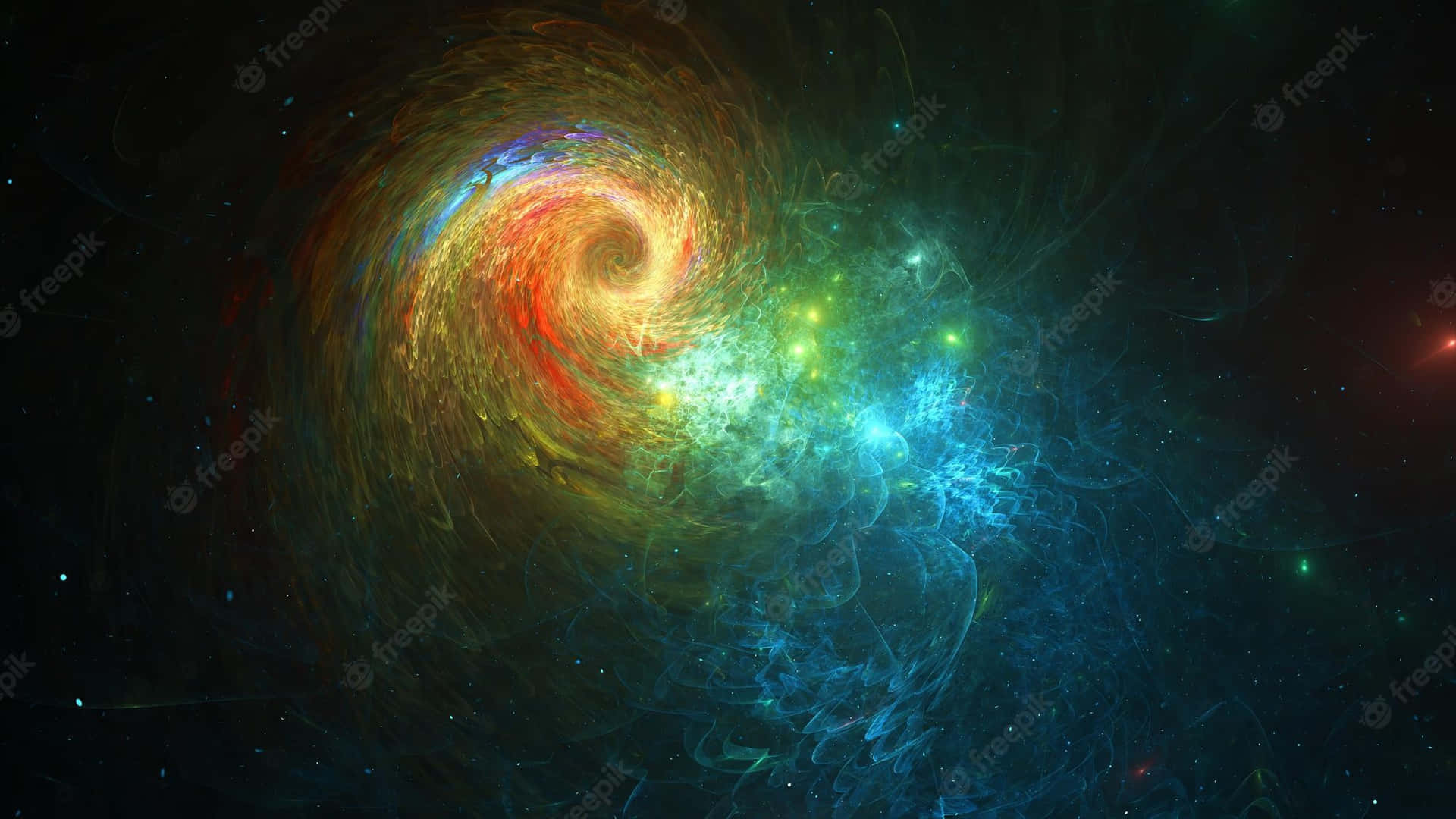 An Amazing Colorful Picture Of The Night Sky, Featuring A Green And Blue Galaxy.