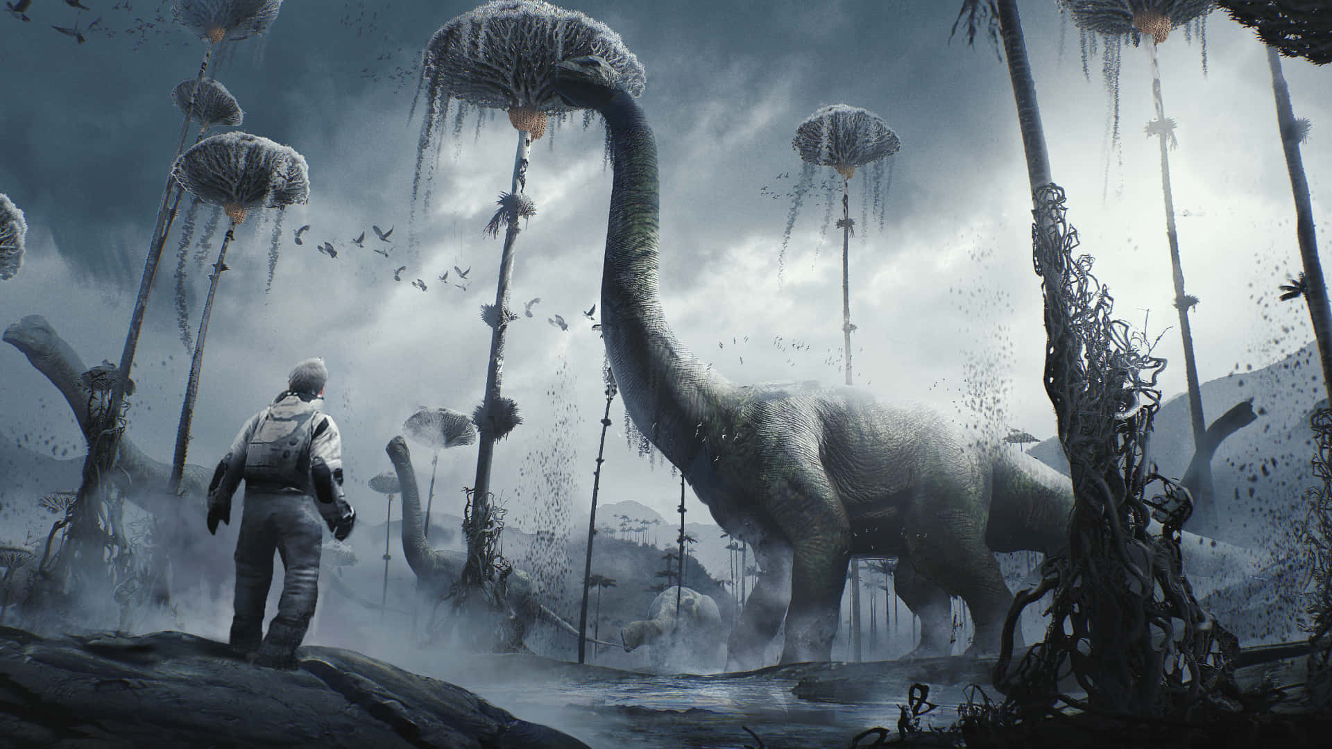 An Amazing Cool Dinosaur Stands Tall Among Nature Background