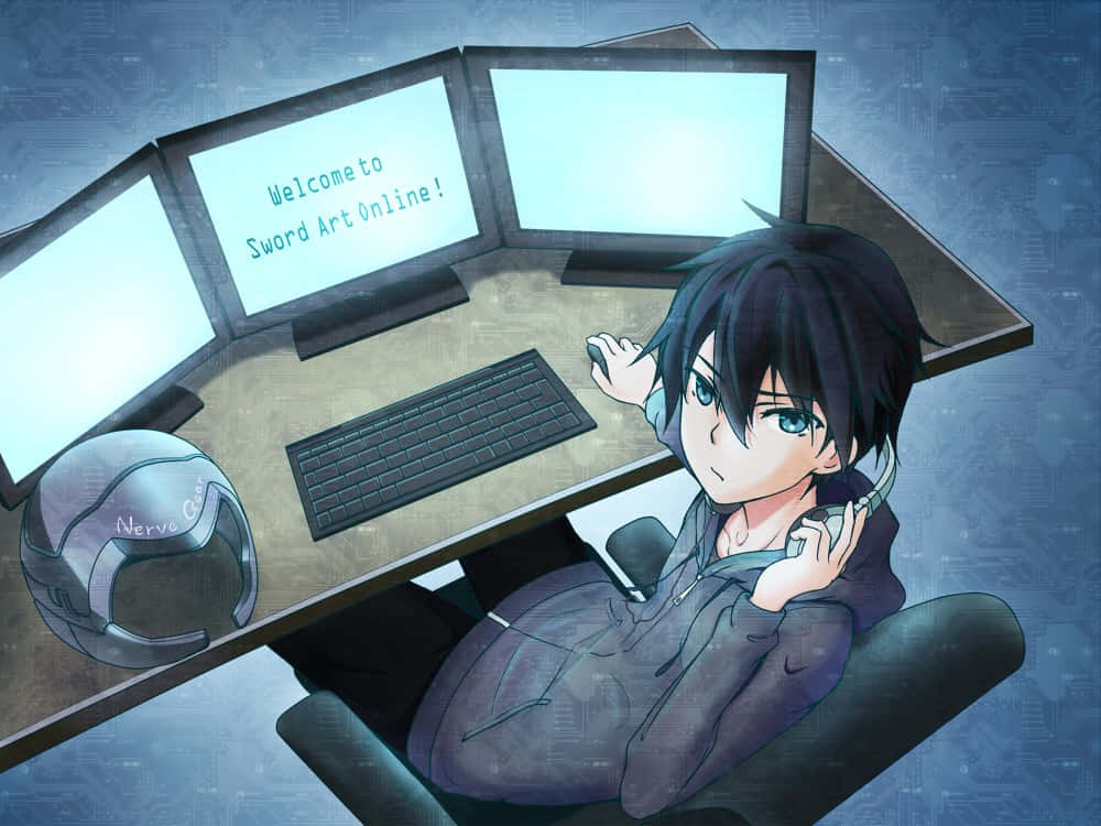 An Ambitious Anime Boy Sits At A Computer, Working On His Latest Project. Background