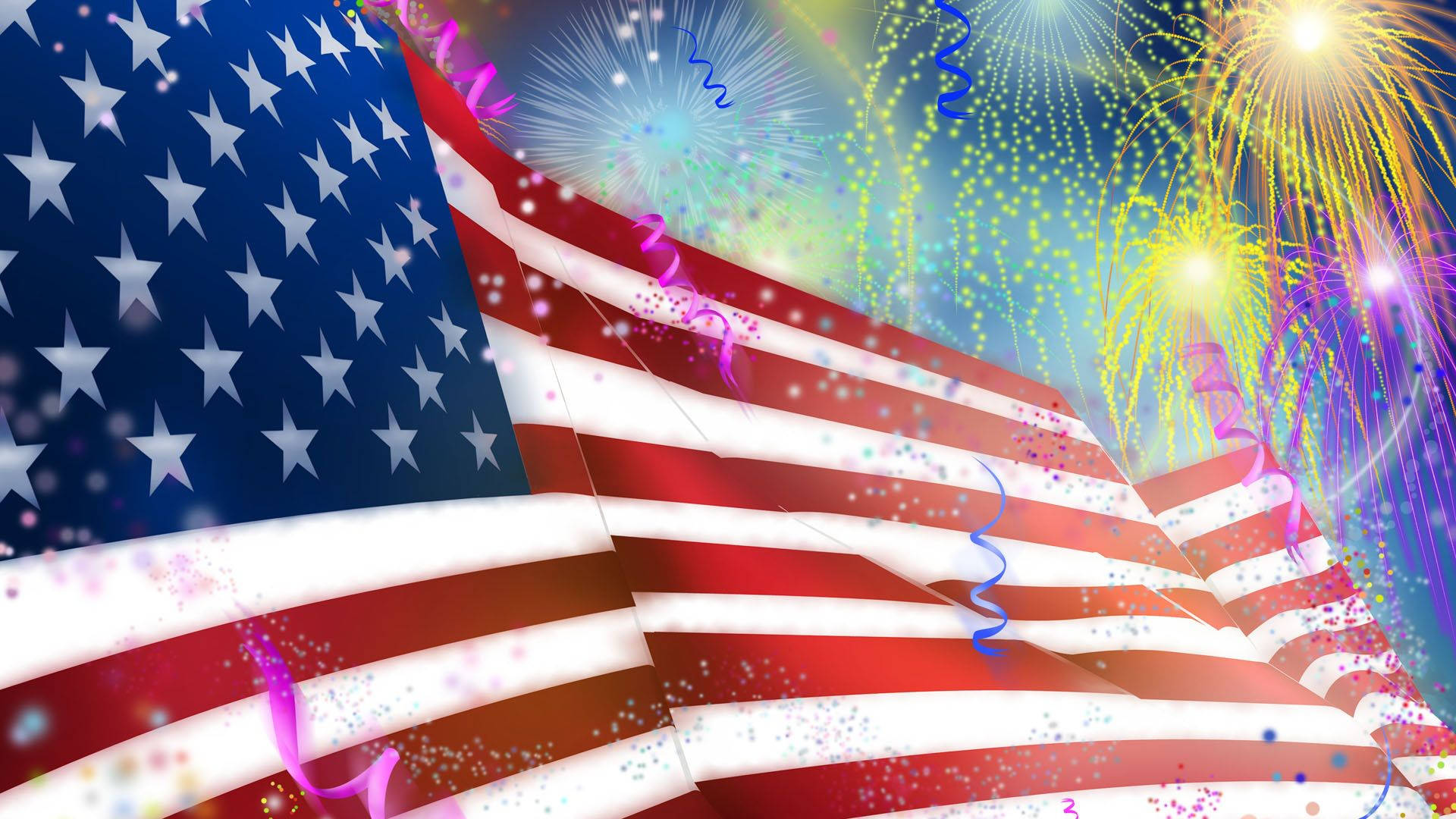 An American Flag With Fireworks And Fireworks Background