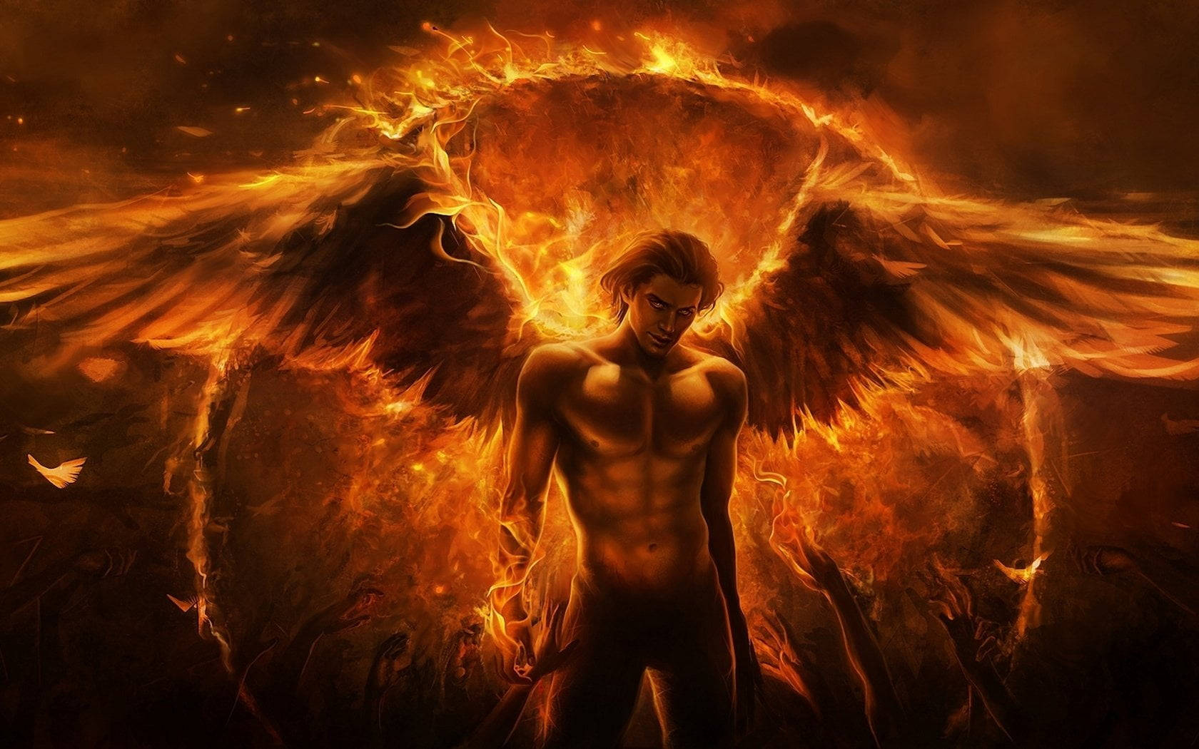 An Angel With Wings In The Middle Of A Fire Background