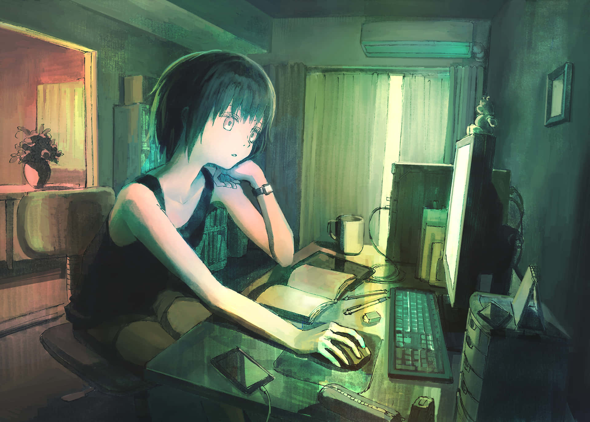 An Anime Boy Sits In Front Of A Computer Dreaming Of A Better World. Background