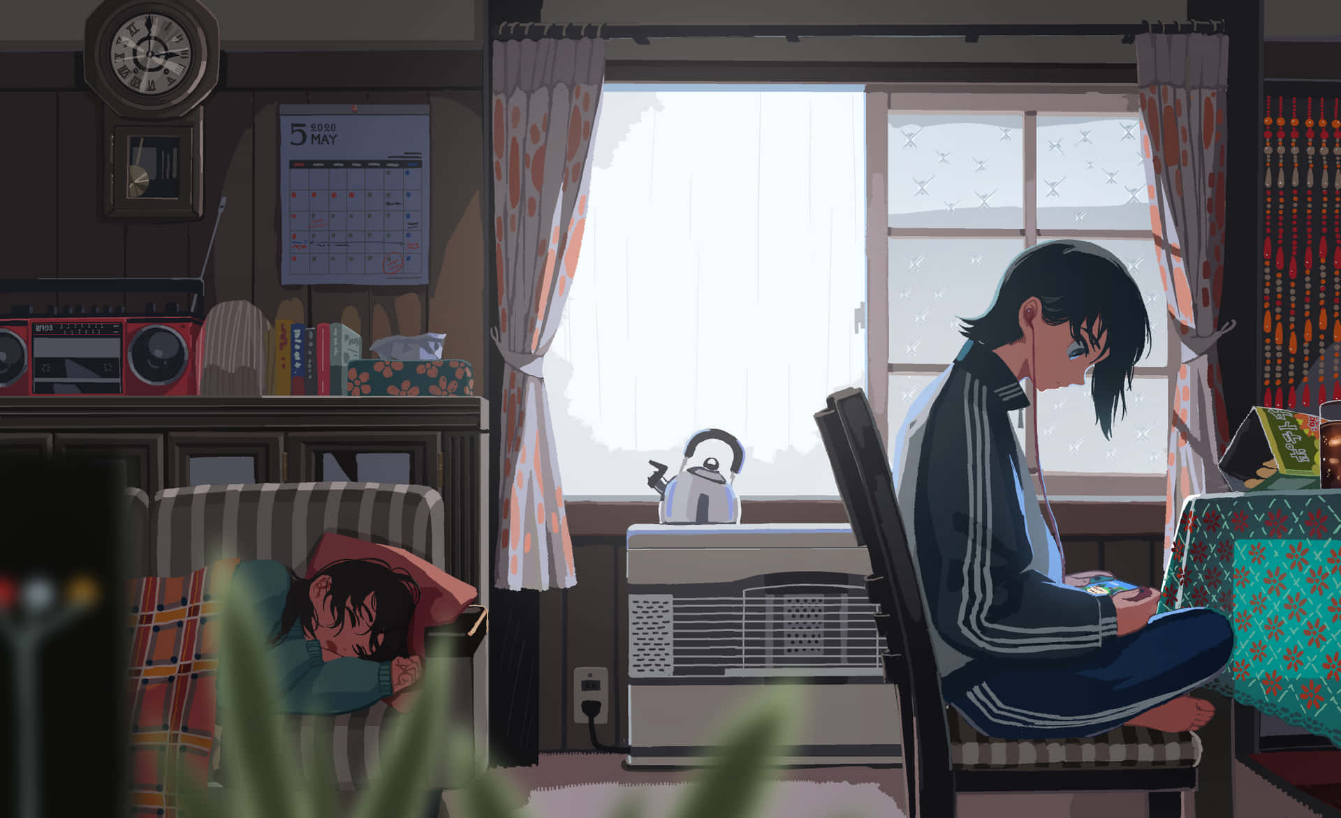 An Anime Boy Sitting At His Computer Background