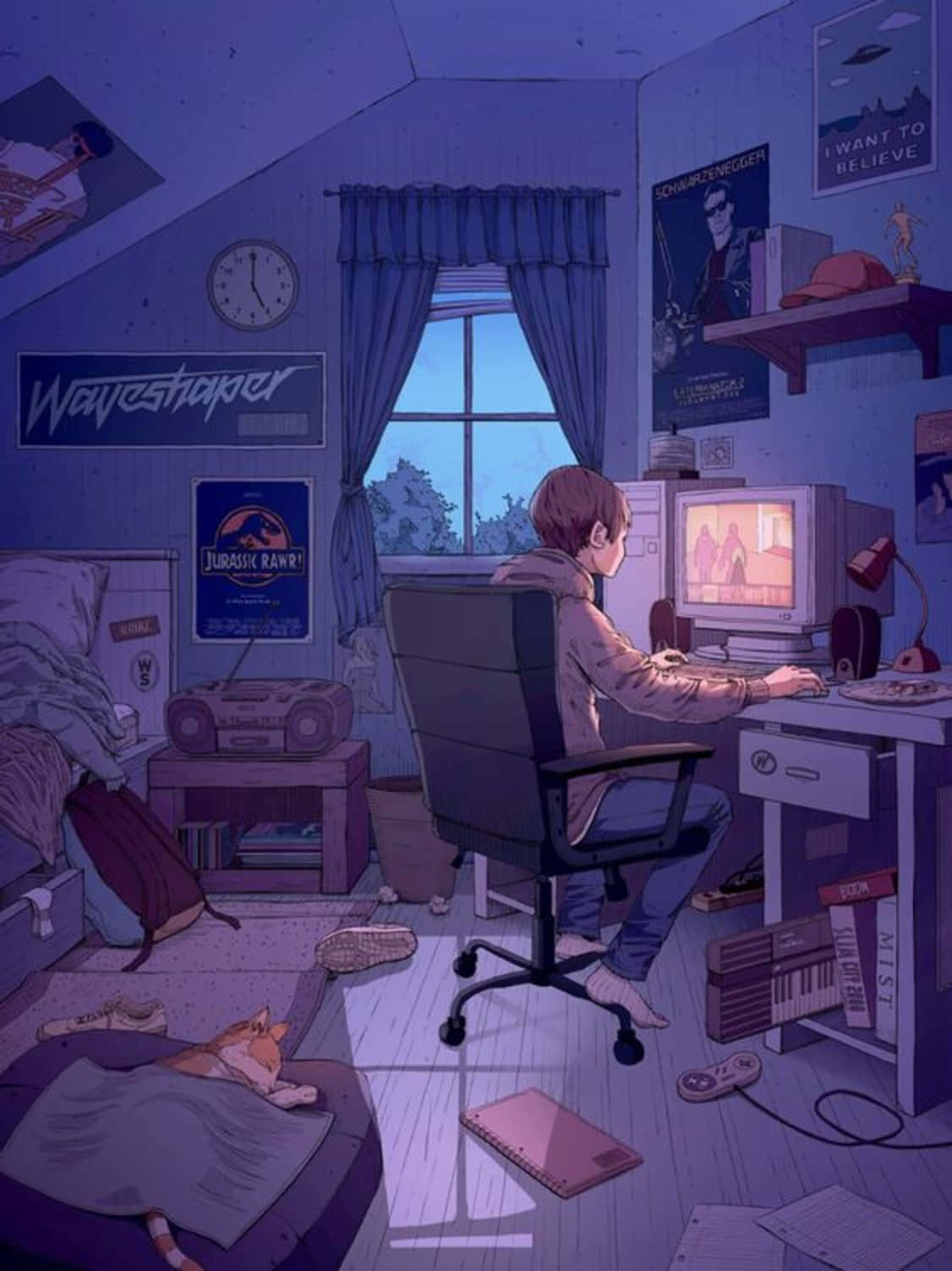 An Anime Boy Sitting In Front Of His Computer Background