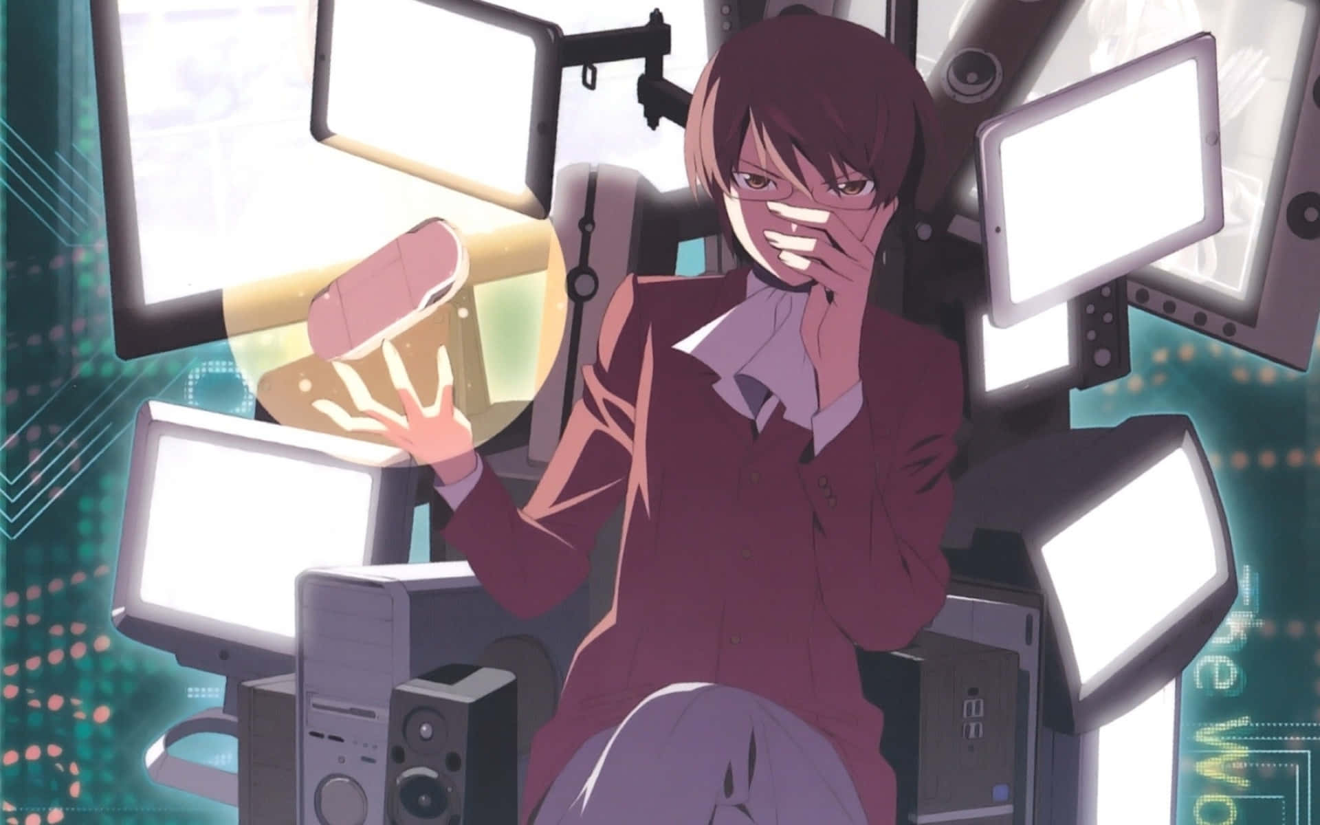 An Anime Boy Surrounded By Computer Technology Background