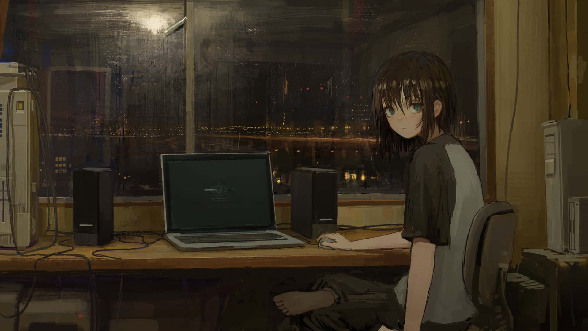 An Anime Boy Working On His Computer Background