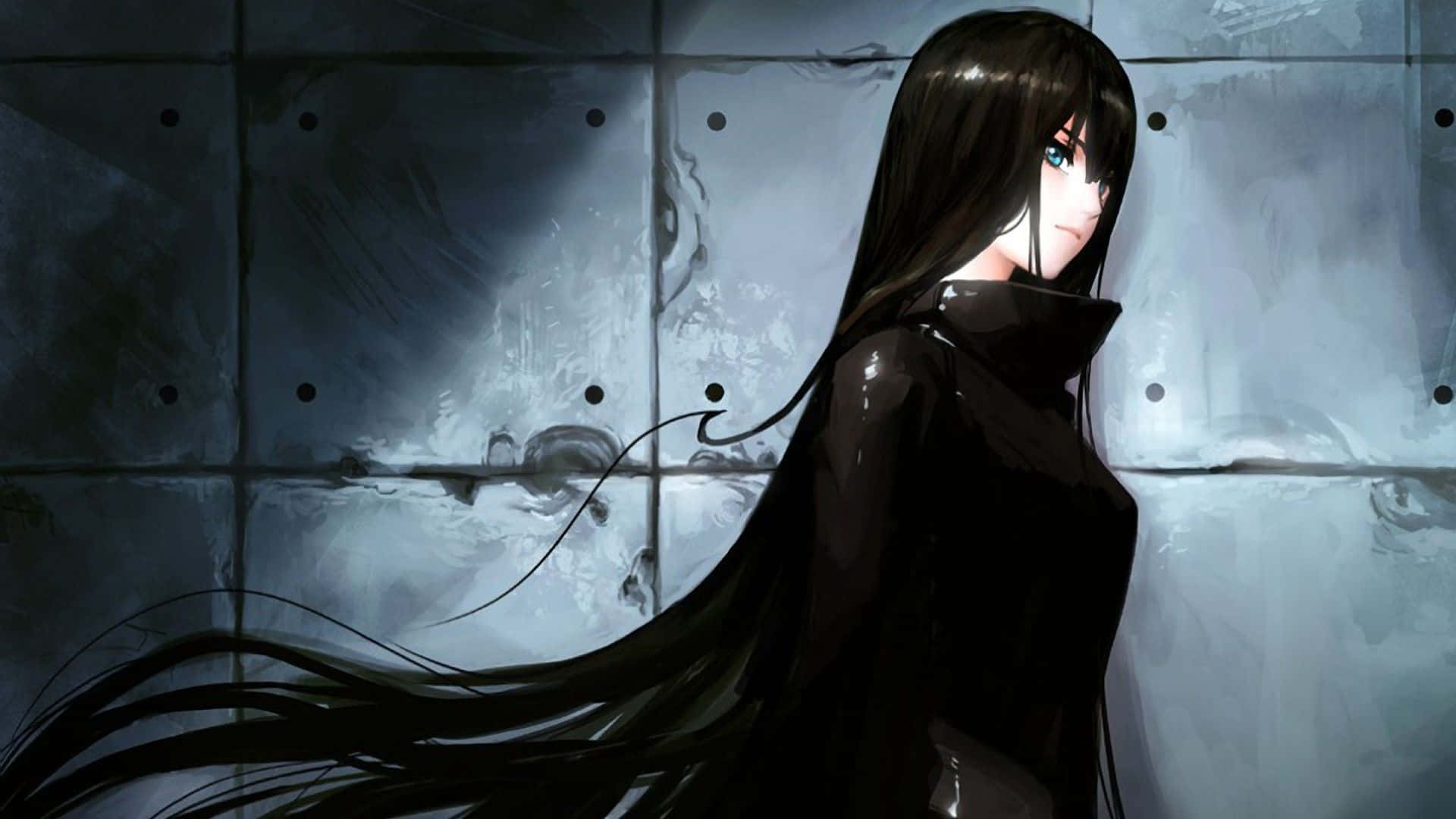 An Anime Girl With Long Black Hair Background