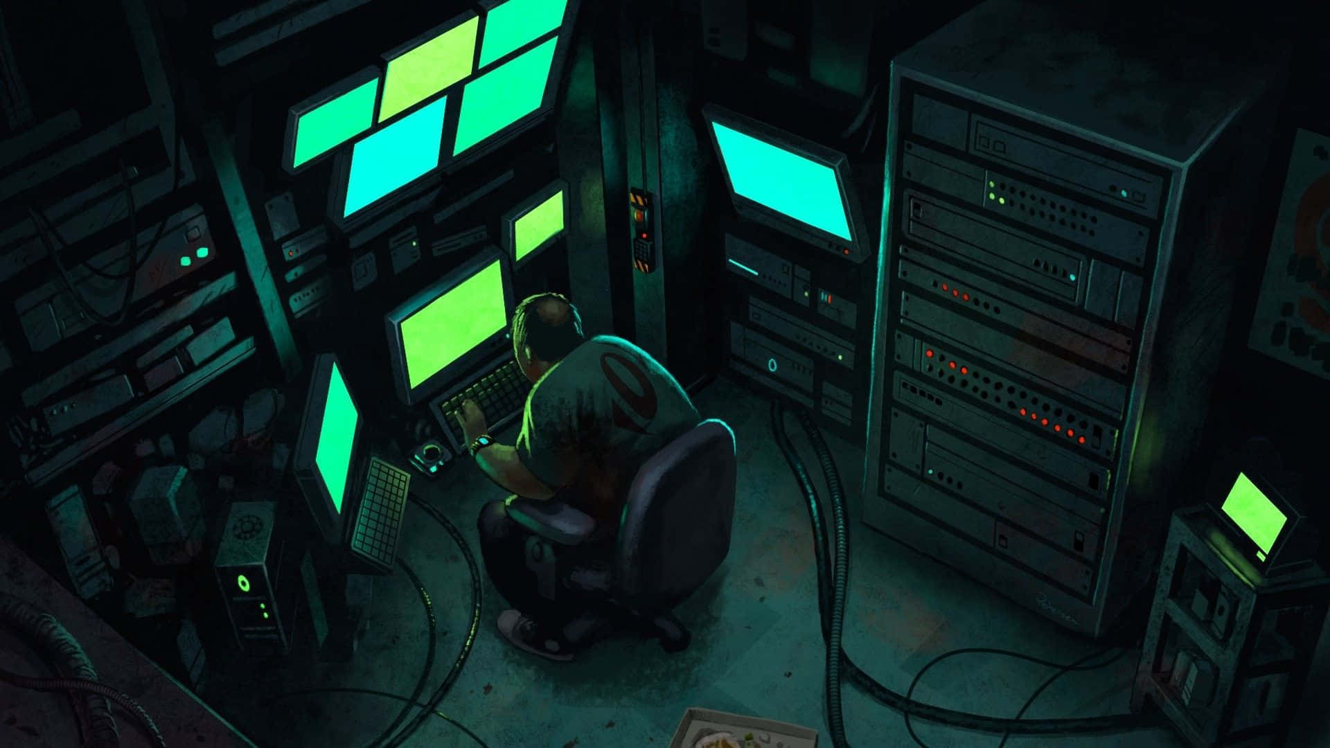 An Anime-style Boy Appears To Be Deep In Thought As He Uses His Computer. Background