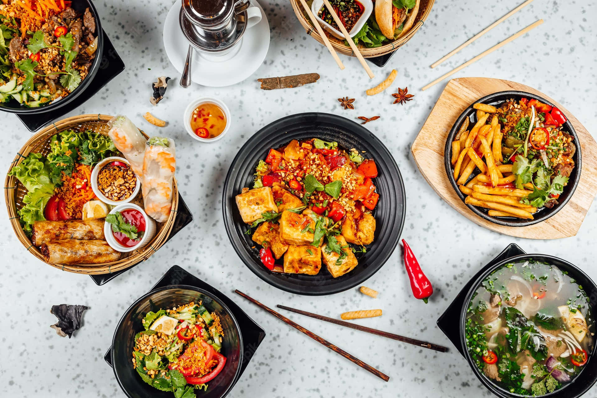 An Array Of Delicious Food Options On A Table Background