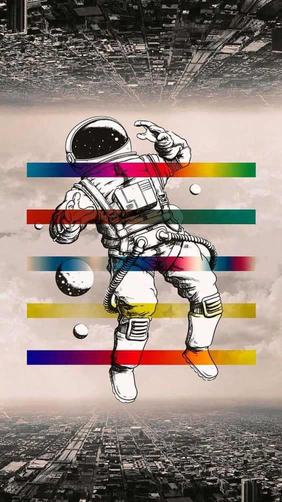 An Astronaut Is Flying Over A City With Colorful Stripes Background