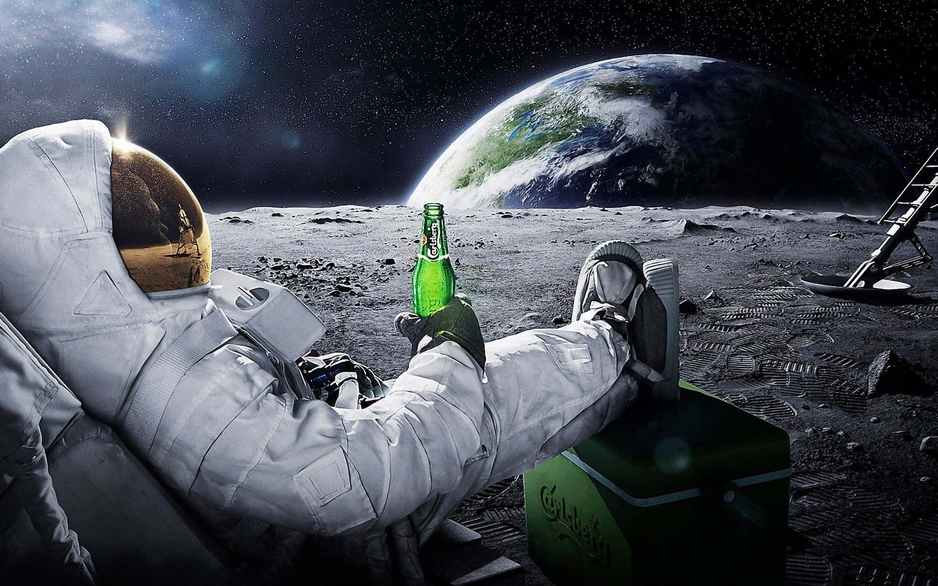 An Astronaut Is Sitting On The Moon With A Beer Background