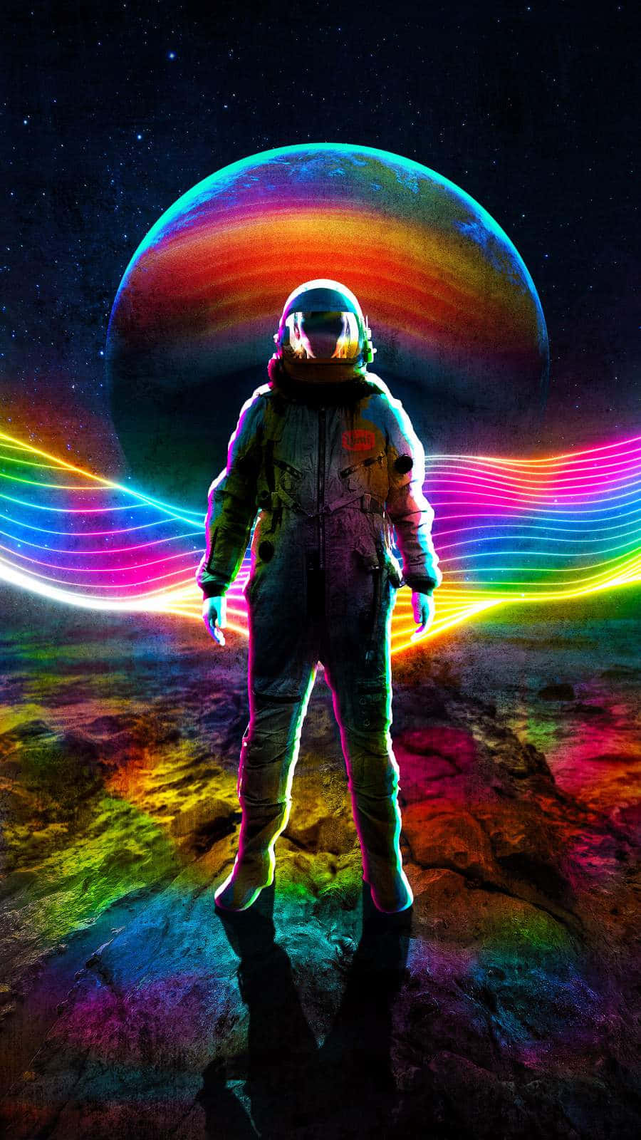 An Astronaut Standing In Front Of A Rainbow Colored Planet Background