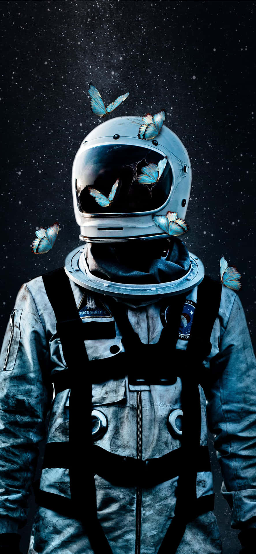 An Astronaut With Butterflies Flying Around Him Background