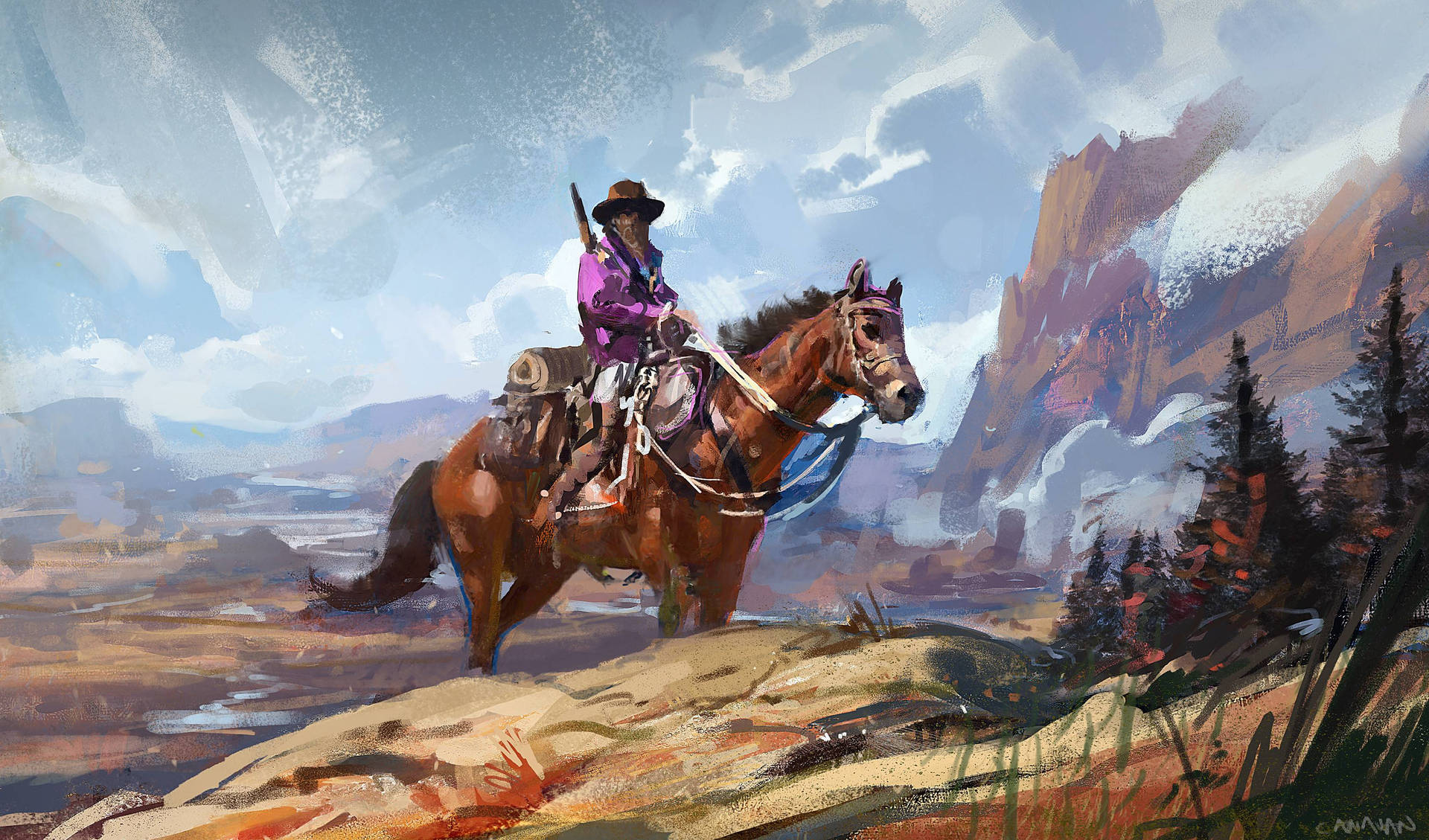 An Authentic American Cowboy, Riding High. Background