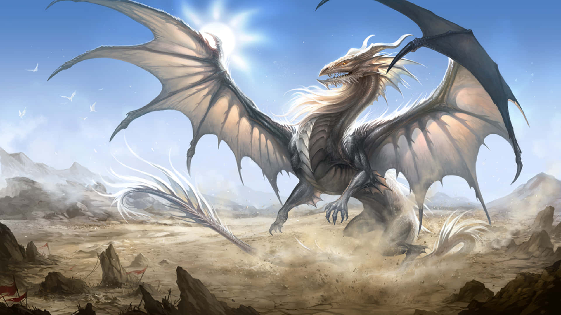 An Awesome Dragon Flying Through The Night Sky. Background
