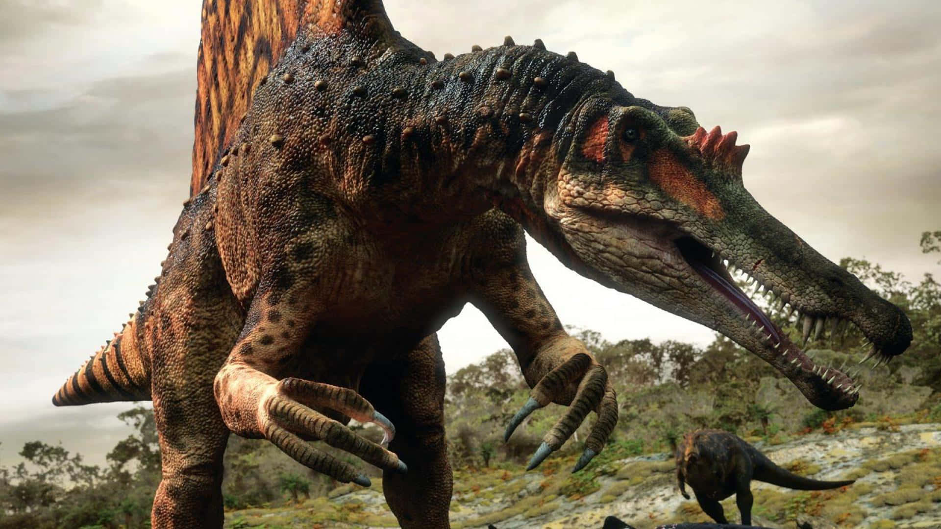 An Awestruck Spinosaurus Walking Through The Ancient Valley