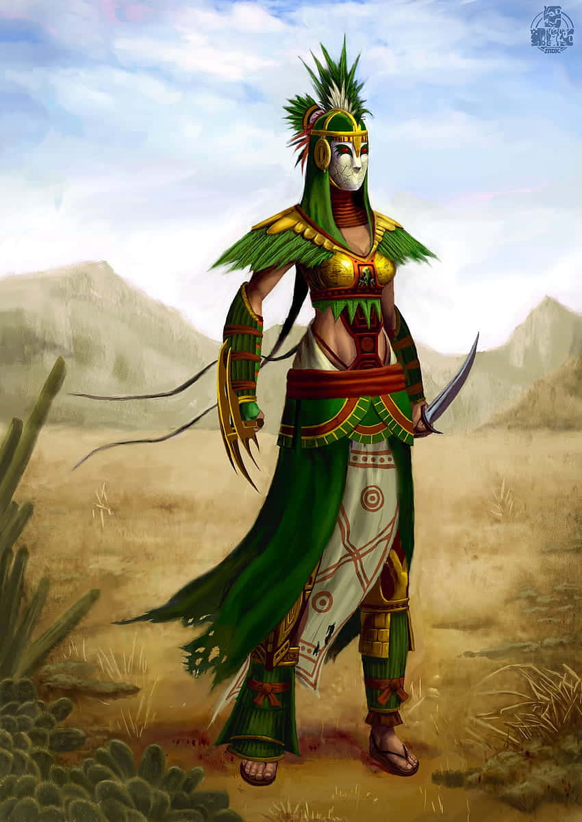 An Aztec Warrior Displays His Protective Gear And Combat Prowess Background