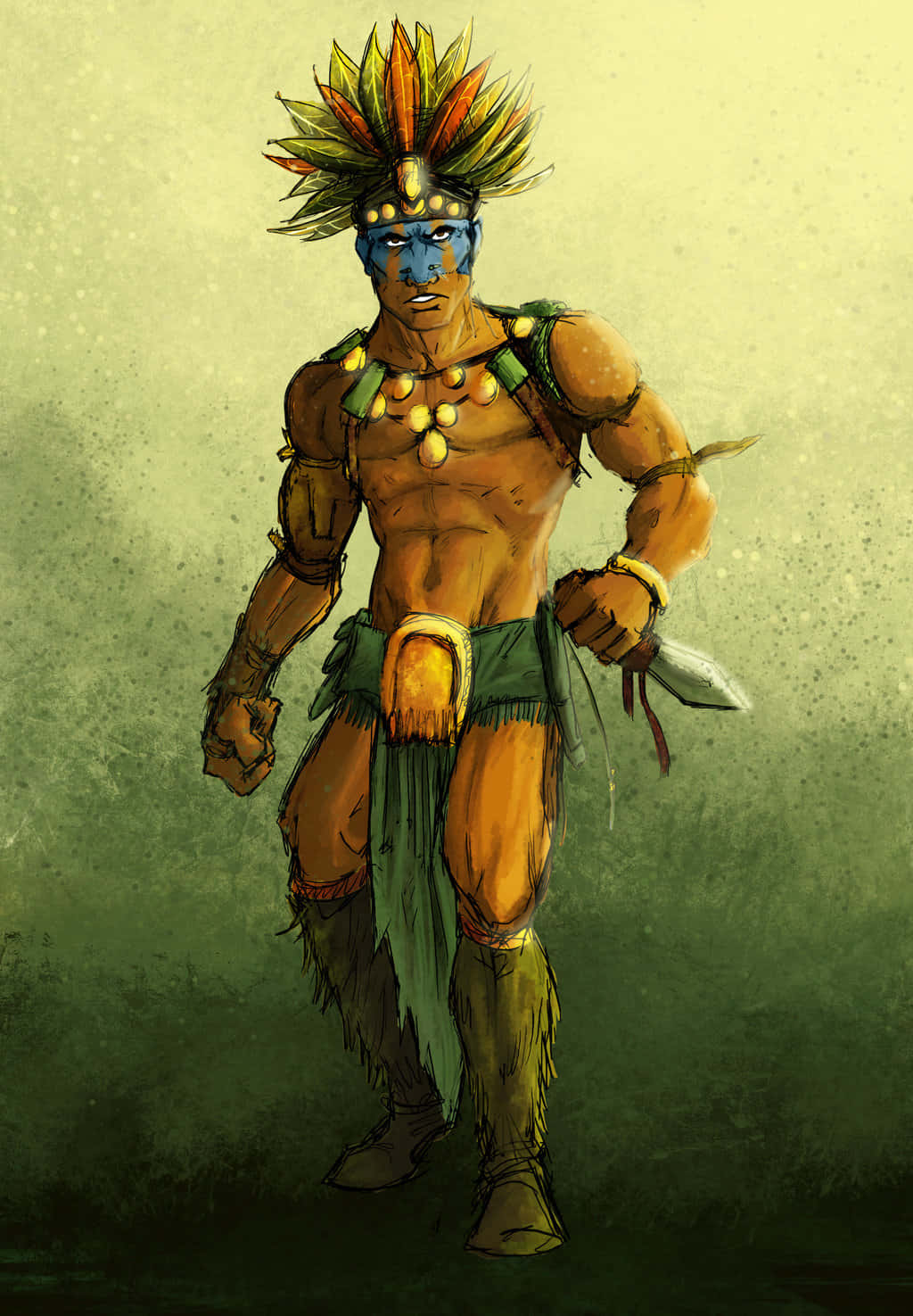 An Aztec Warrior Stands Firm, Ready For Battle Background