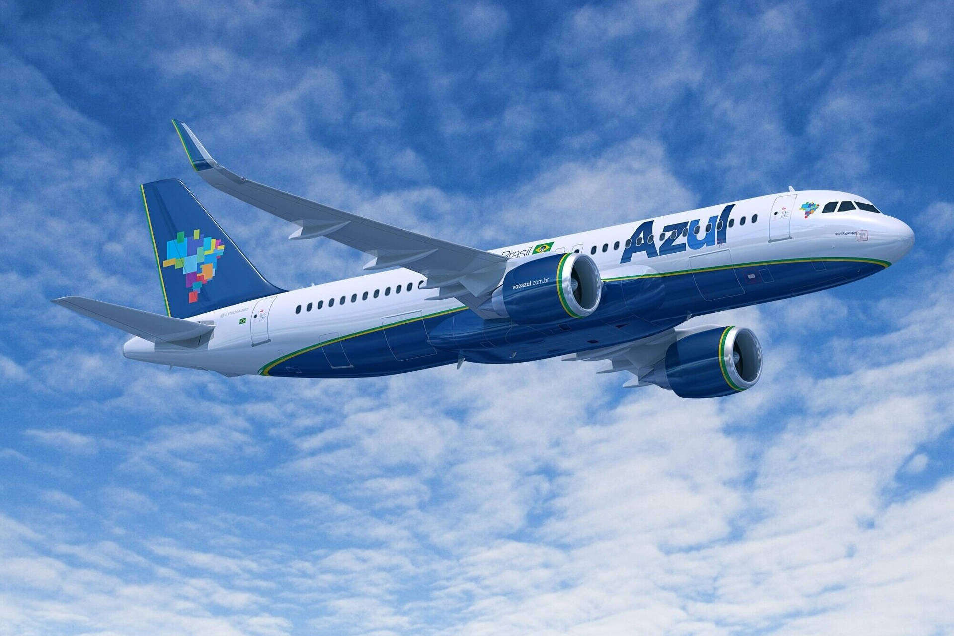 An Azul Airlines Plane Soars Through Bright, Airy Clouds. Background