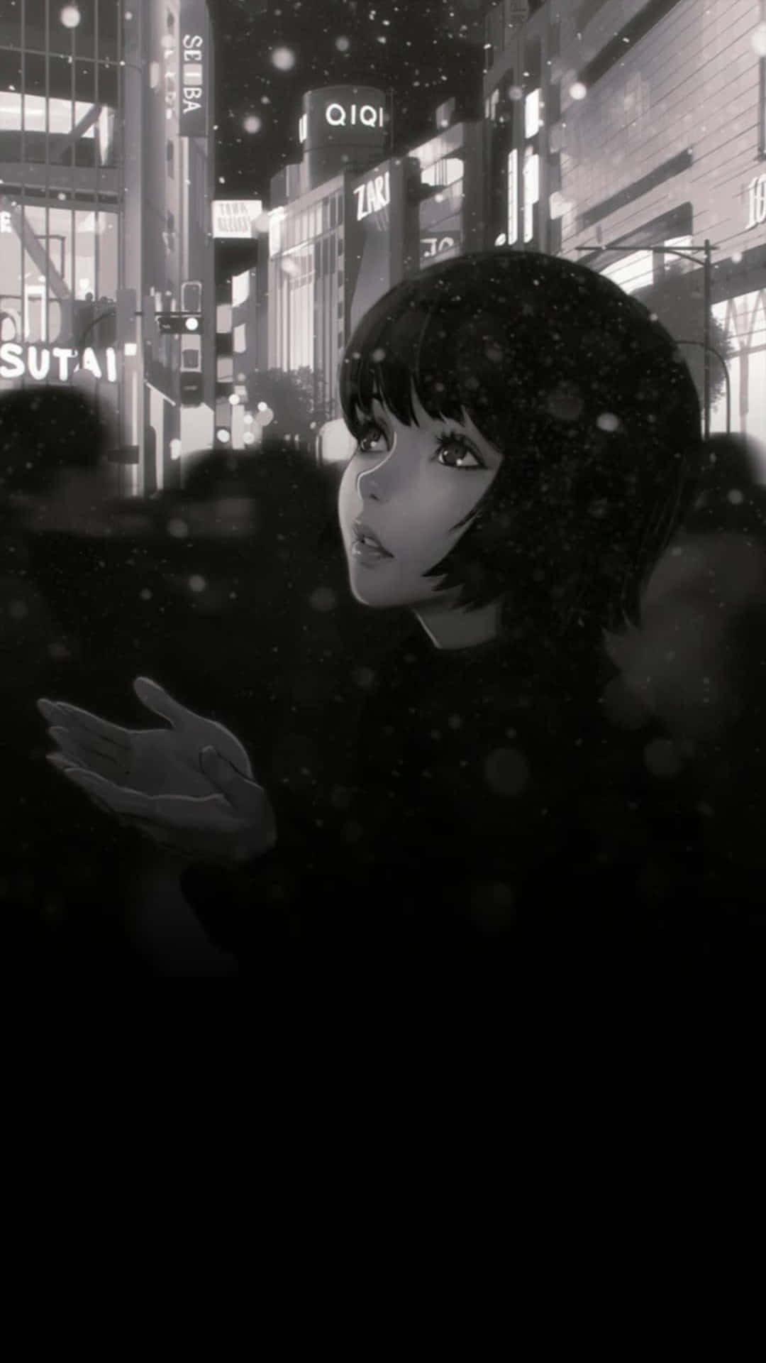 An Eerily Detailed Female Anime Character In An All-black And White Illustration Background