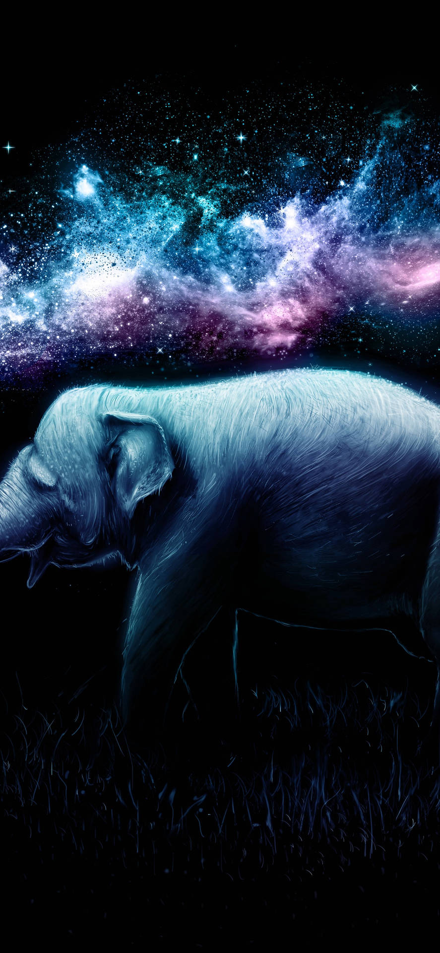 An Elephant Standing In The Grass With Stars In The Background Background