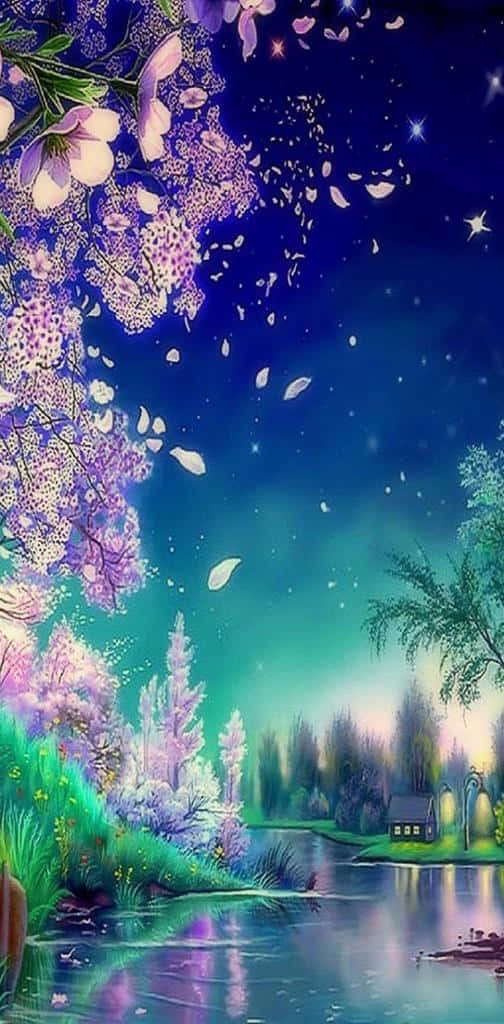 An Enchanting Night Scenery Of Cherry Blossoms In Full Bloom Background